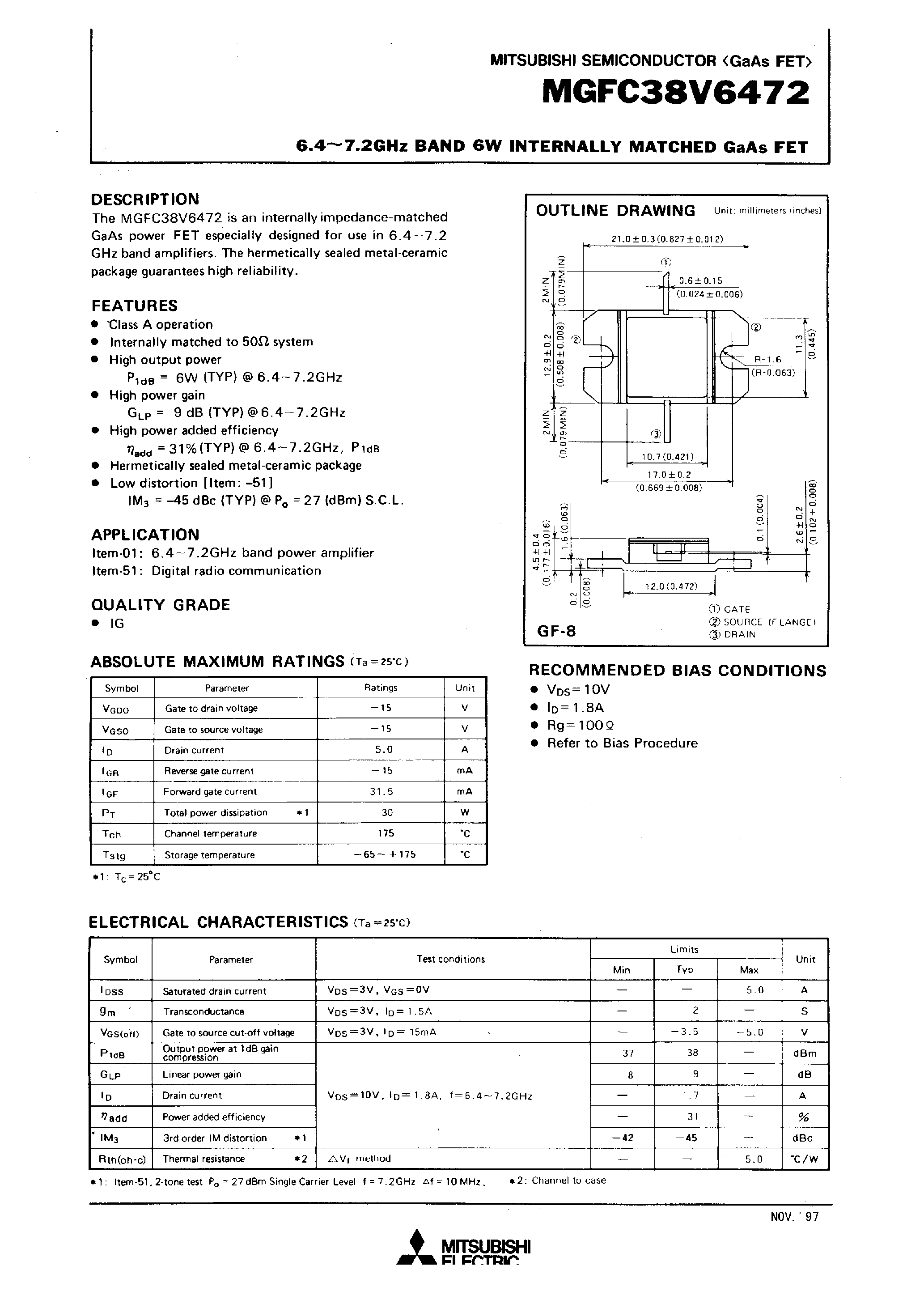 Даташит на микросхему MGFC38V6472 страница 1 Даташит MGFC38V6472 - 6.4 - 7.2GHz BAND 6W INTERNALLY MATCHED GaAs FET страница 1