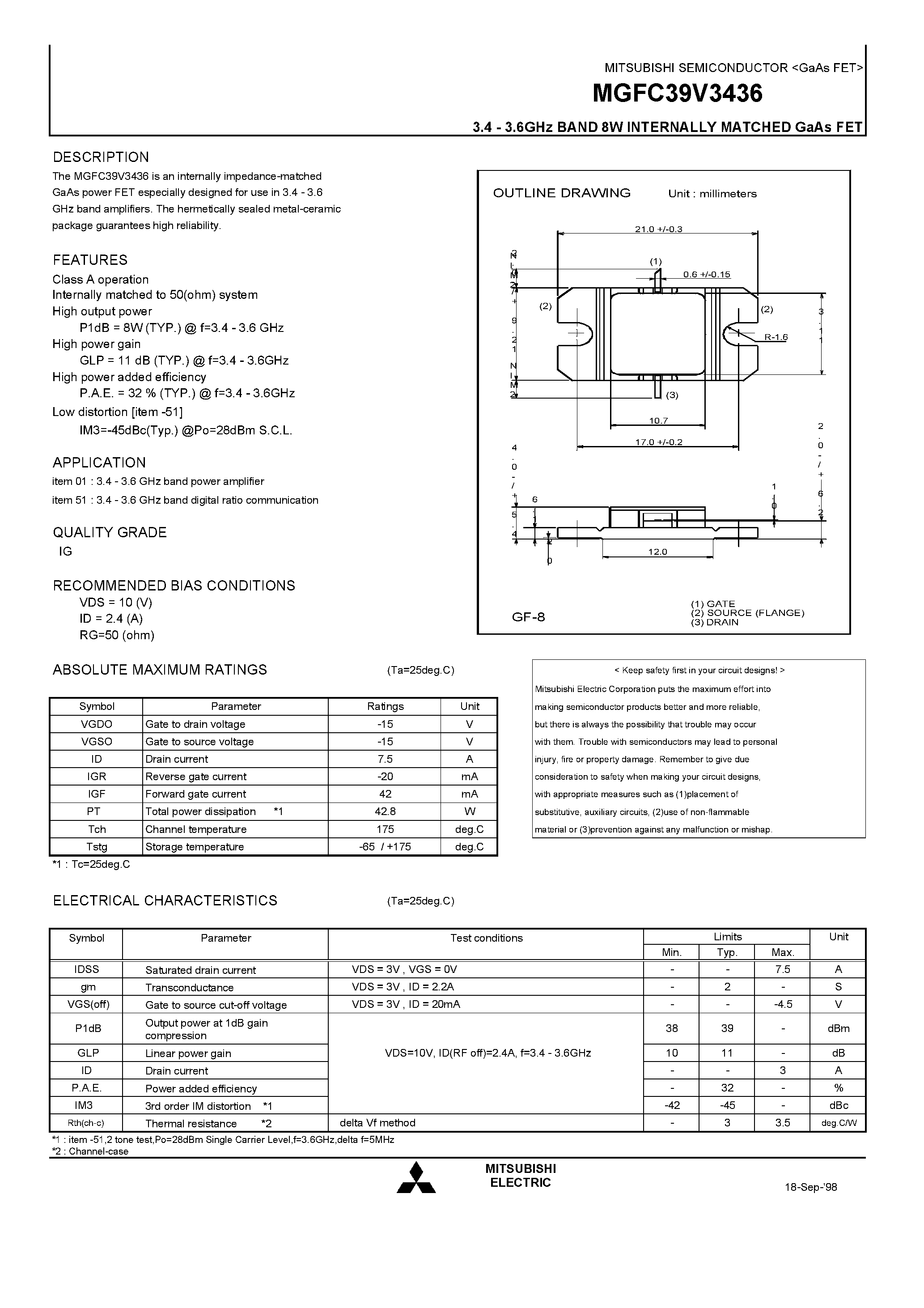Datasheet MGFC39V3436 - 3.4 - 3.6GHz BAND 8W INTERNALLY MATCHED GaAs FET page 1