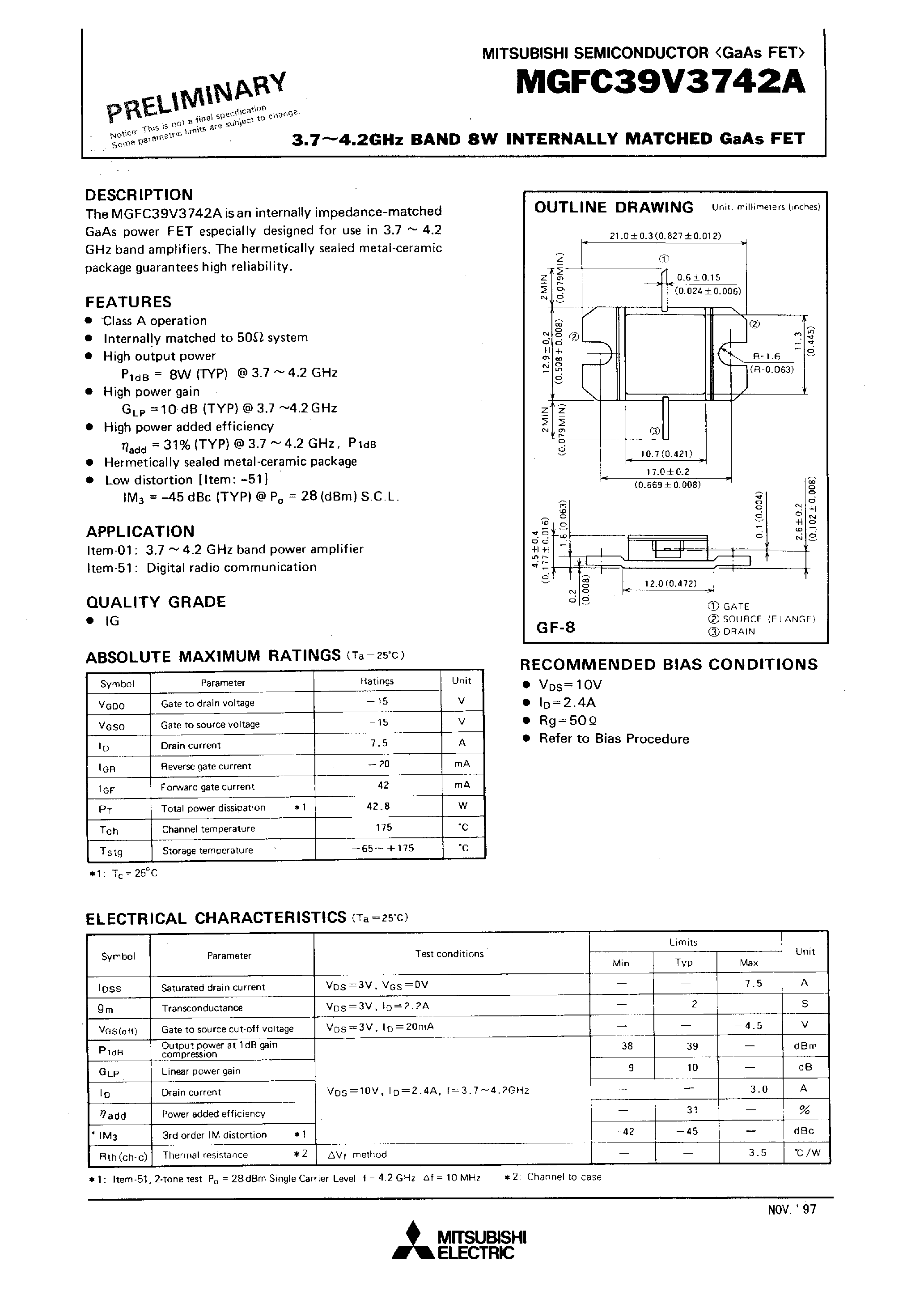 Даташит MGFC39V3742A - 3.7 - 4.2GHz BAND 8W INTERNALLY MATCHED GaAs FET страница 1