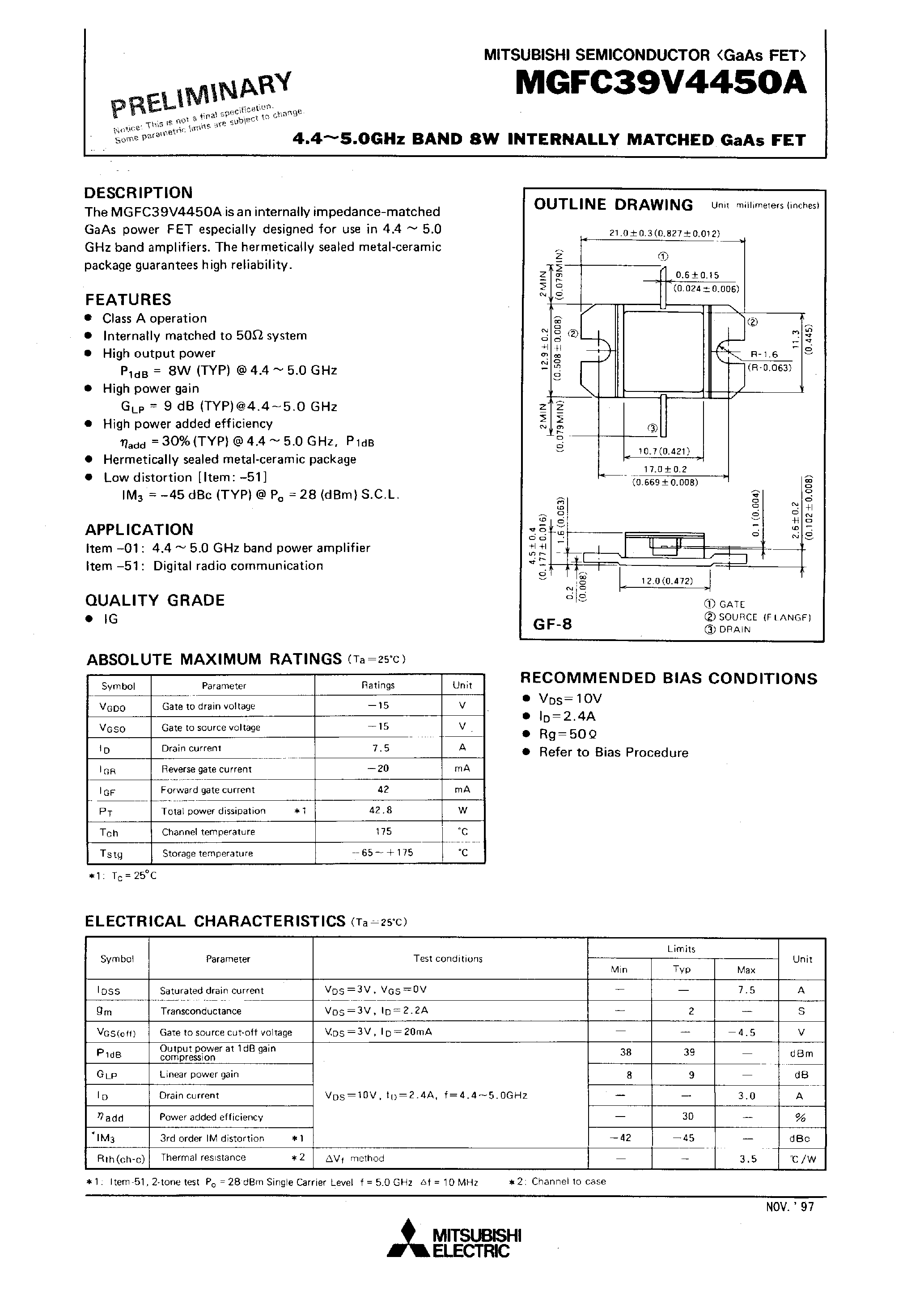 Datasheet MGFC39V4450A - 4.4 - 5.0GHz BAND 8W INTERNALLY MATCHED GaAs FET page 1