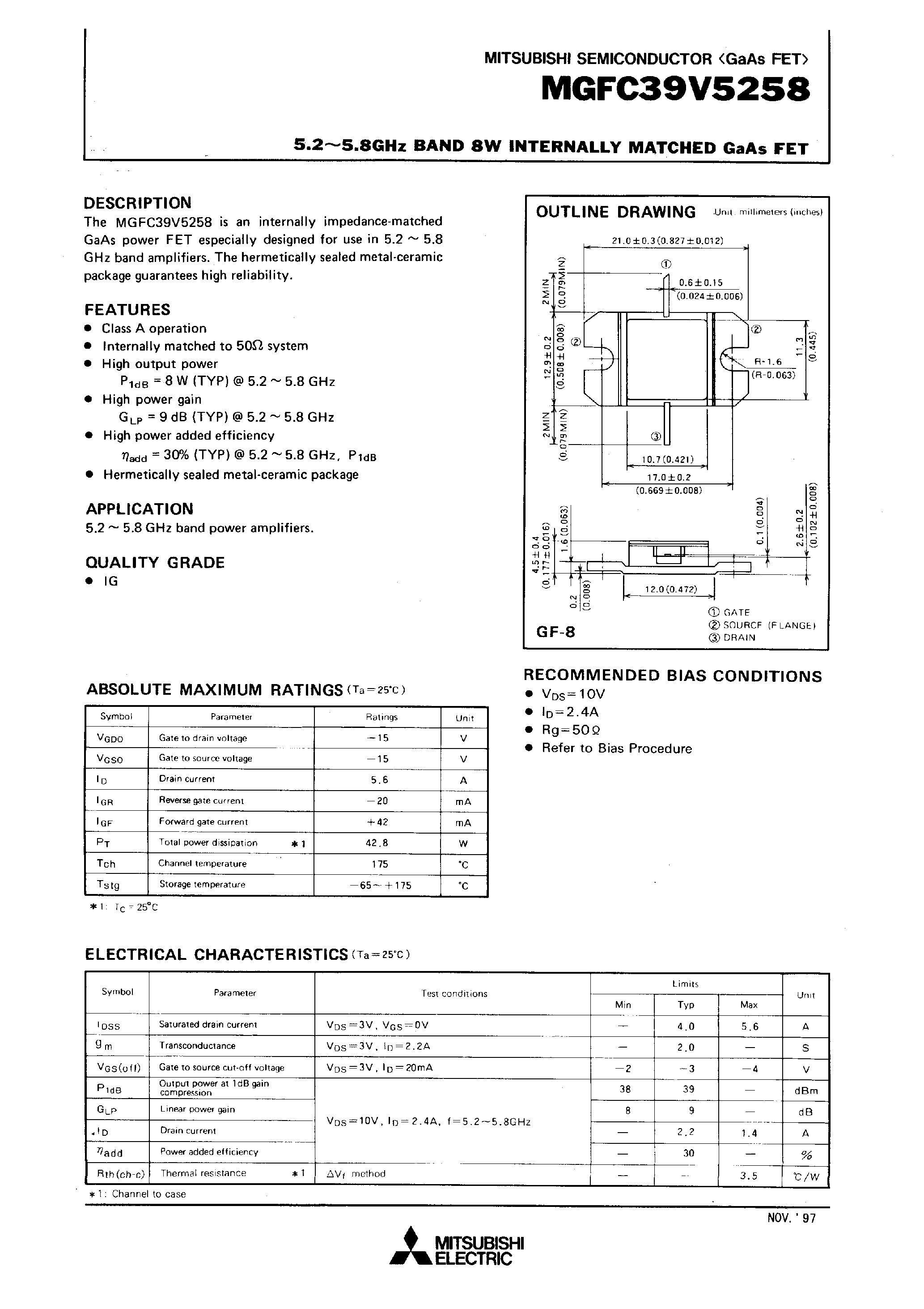 Даташит на микросхему MGFC39V5258 страница 1 Даташит MGFC39V5258 - 5.2 - 5.8GHz BAND 8W INTERNALLY MATCHED GaAs FET страница 1