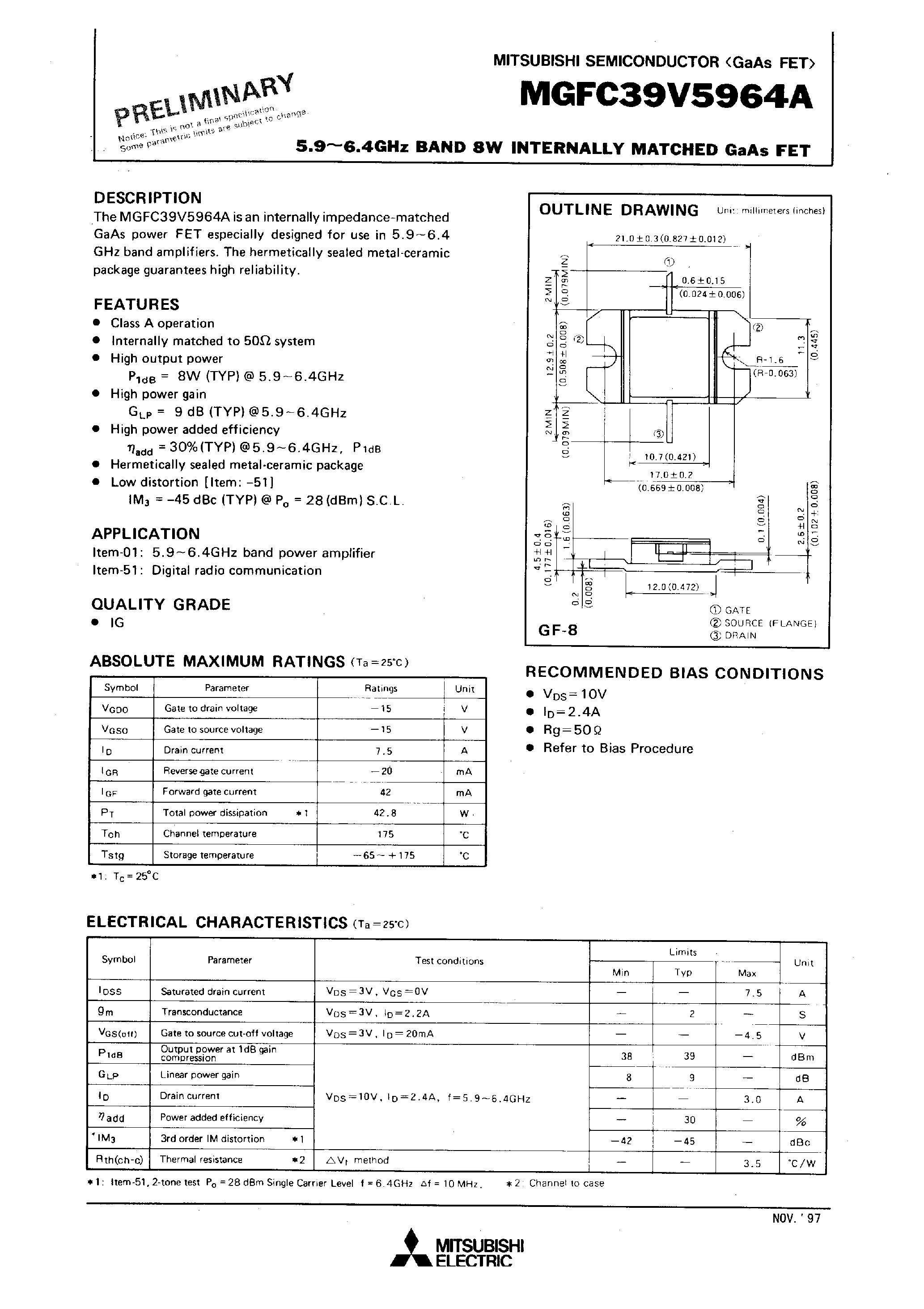 Datasheet MGFC39V5964A - 5.9 - 6.4GHz BAND 8W INTERNALLY MATCHED GaAs FET page 1