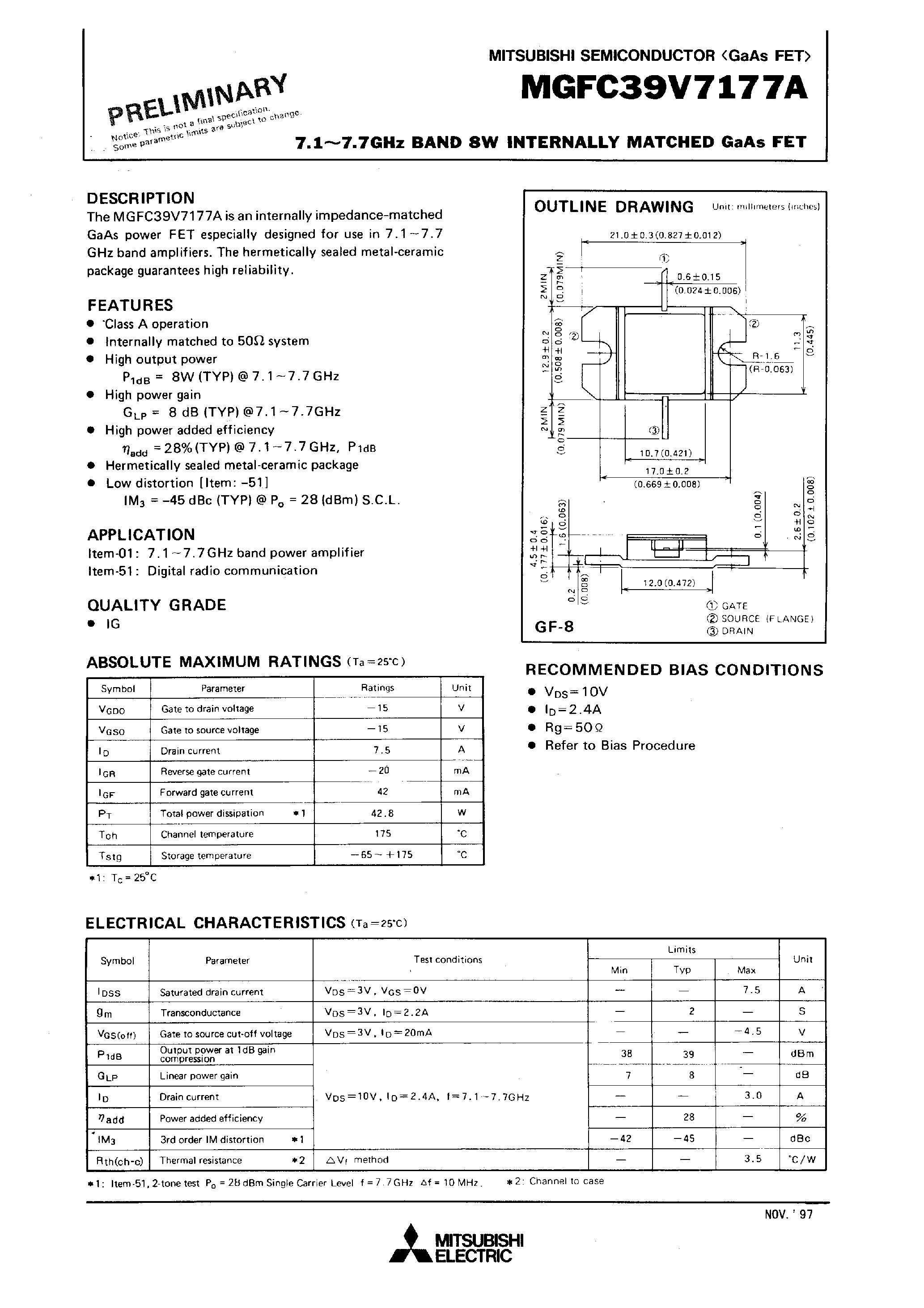 Datasheet MGFC39V7177A - 7.1 - 7.7GHz BAND 8W INTERNALLY MATCHED GaAs FET page 1