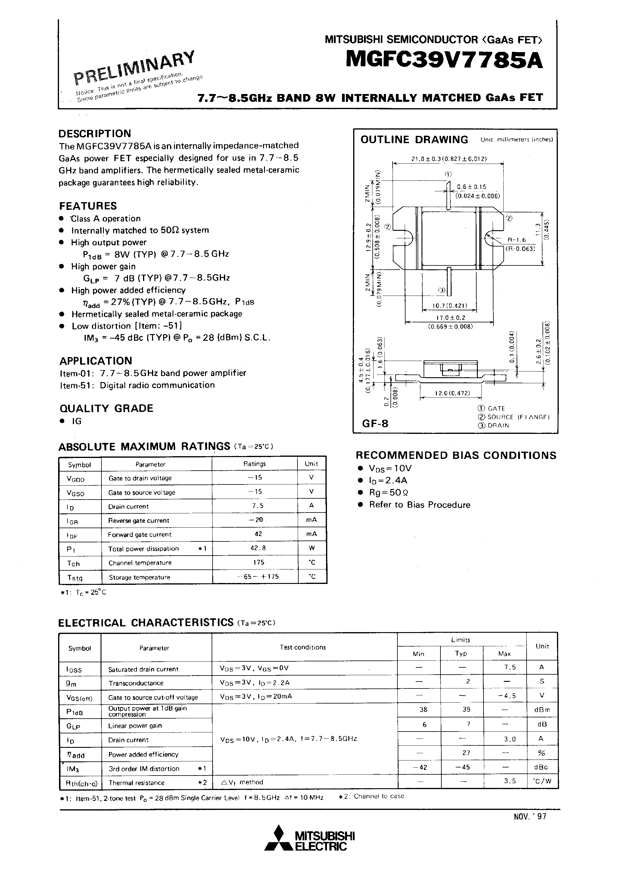 Datasheet MGFC39V7785A - 7.7 - 8.5GHz BAND 8W INTERNALLY MATCHED GaAs FET page 1