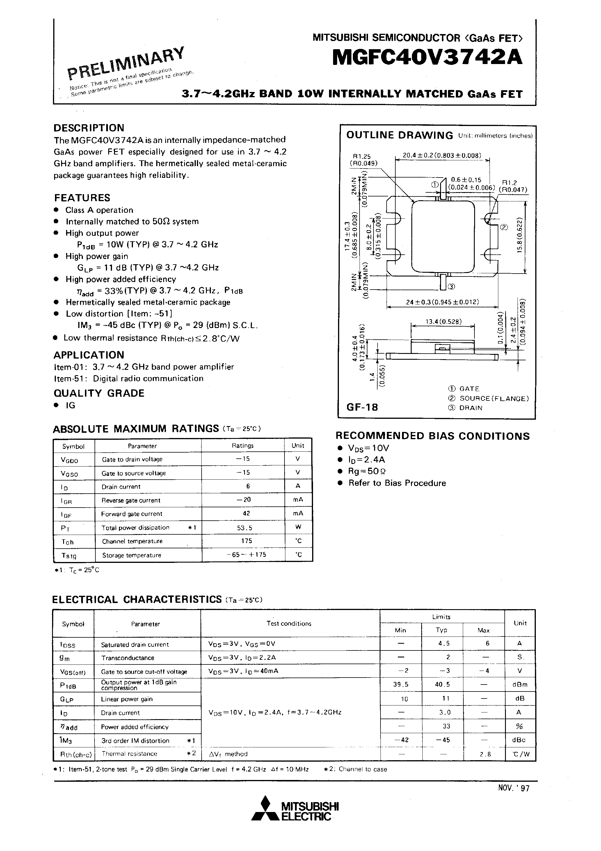 Даташит MGFC40V3742A - 3.7 - 4.2GHz BAND 10W INTERNALLY MATCHED GaAs FET страница 1