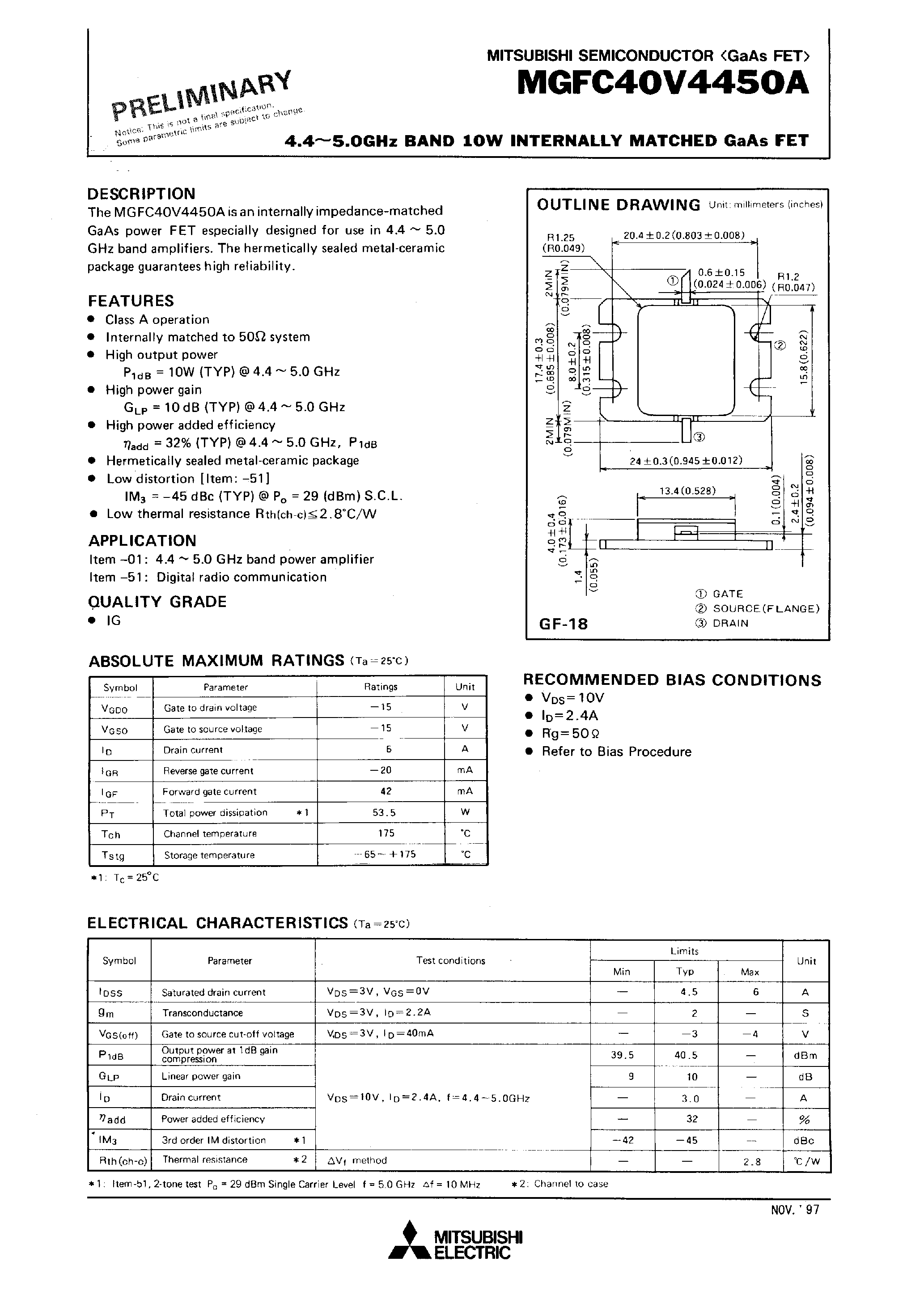 Datasheet MGFC40V4450A - 4.4 - 5.0GHz BAND 10W INTERNALLY MATCHED GaAs FET page 1