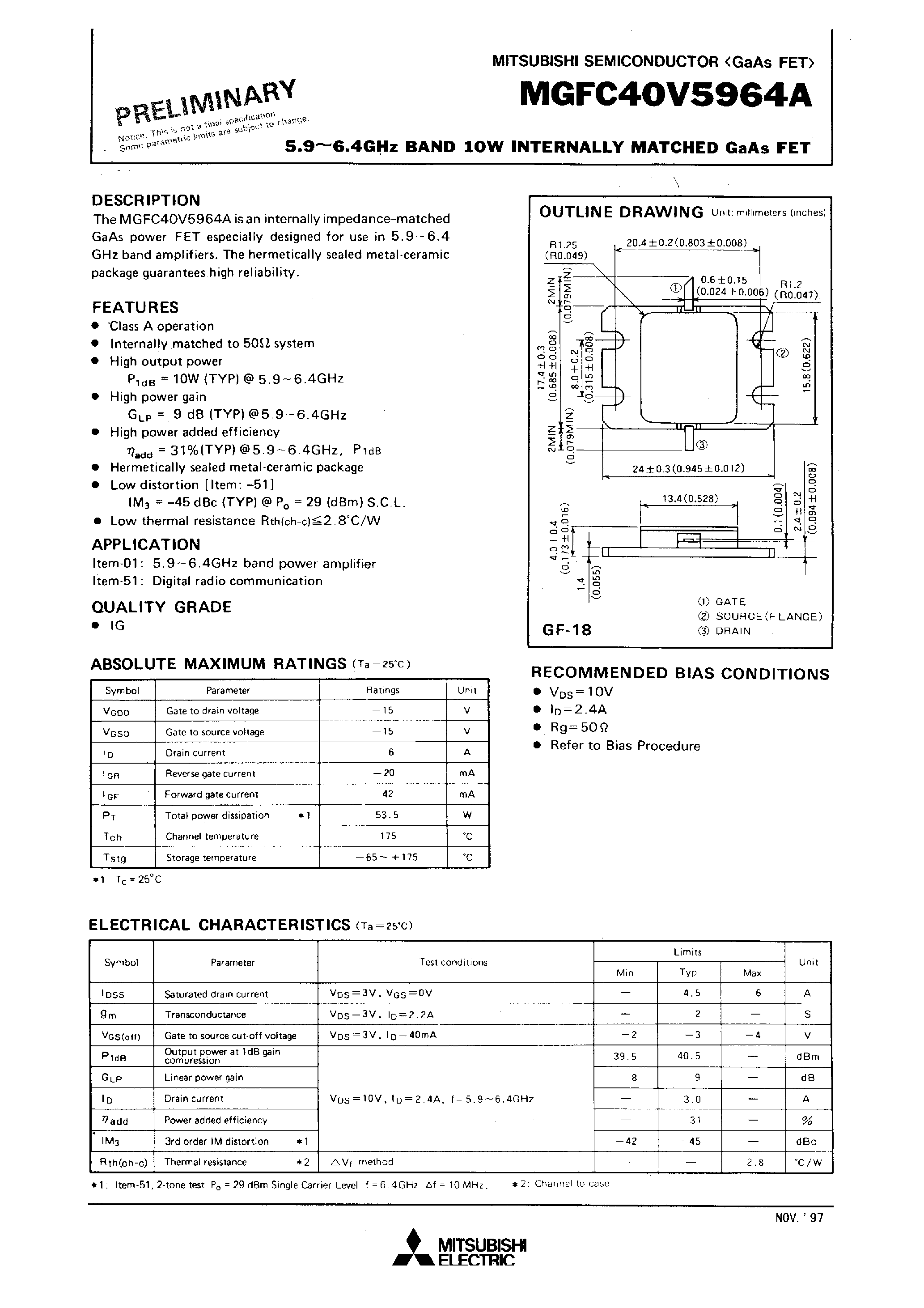 Datasheet MGFC40V5964A - 5.9 - 6.4GHz BAND 10W INTERNALLY MATCHED GaAs FET page 1