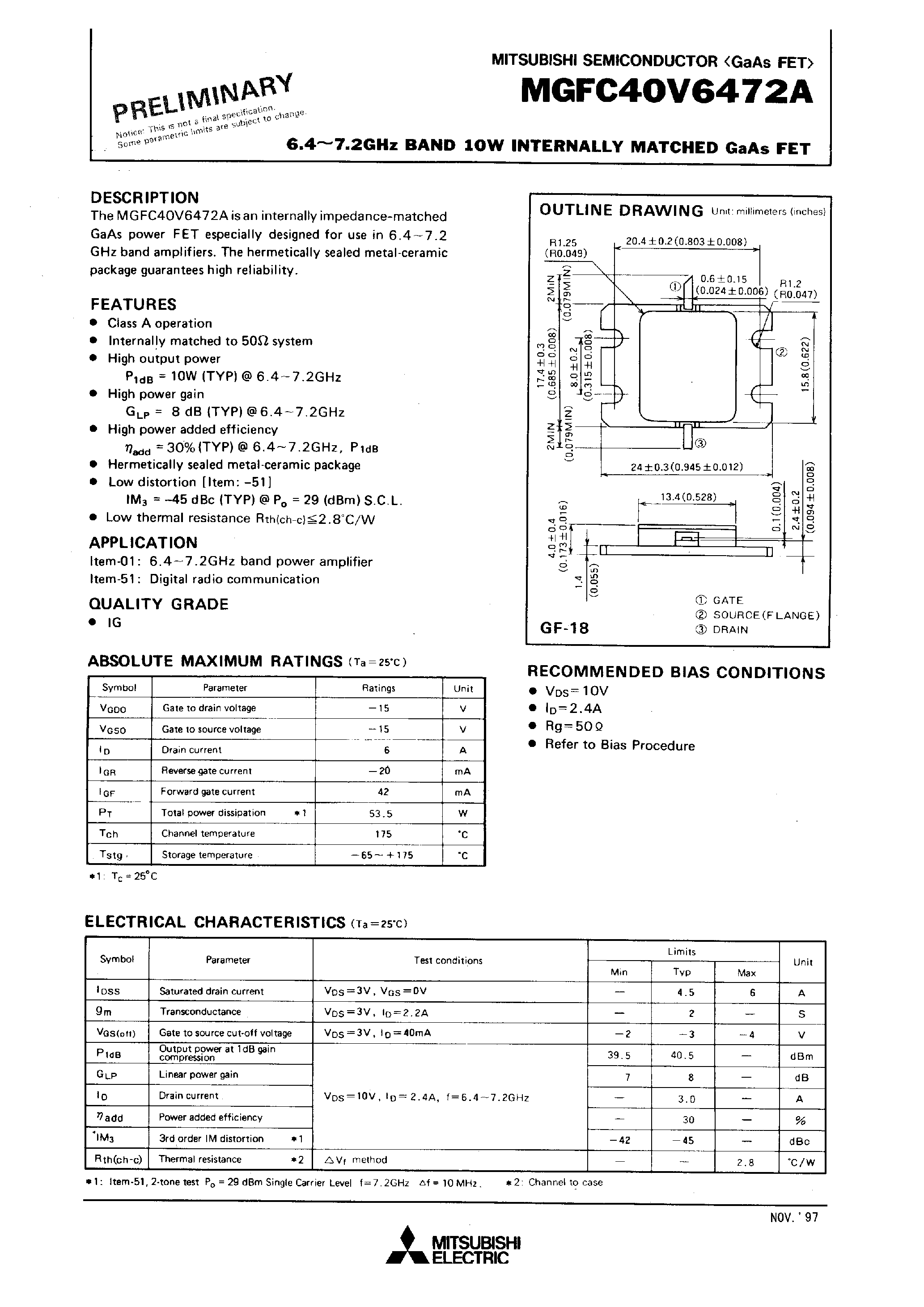 Даташит на микросхему MGFC40V6472A страница 1 Даташит MGFC40V6472A - 6.4 - 7.2GHz BAND 10W INTERNALLY MATCHED GaAs FET страница 1