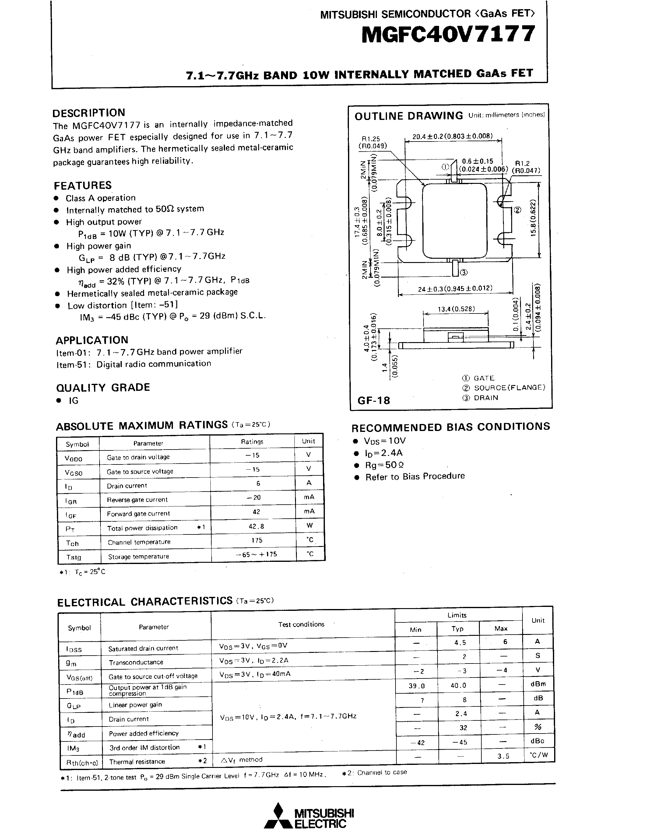Datasheet MGFC40V7177 - 7.1 - 7.7GHz BAND 10W INTERNALLY MATCHED GaAs FET page 1