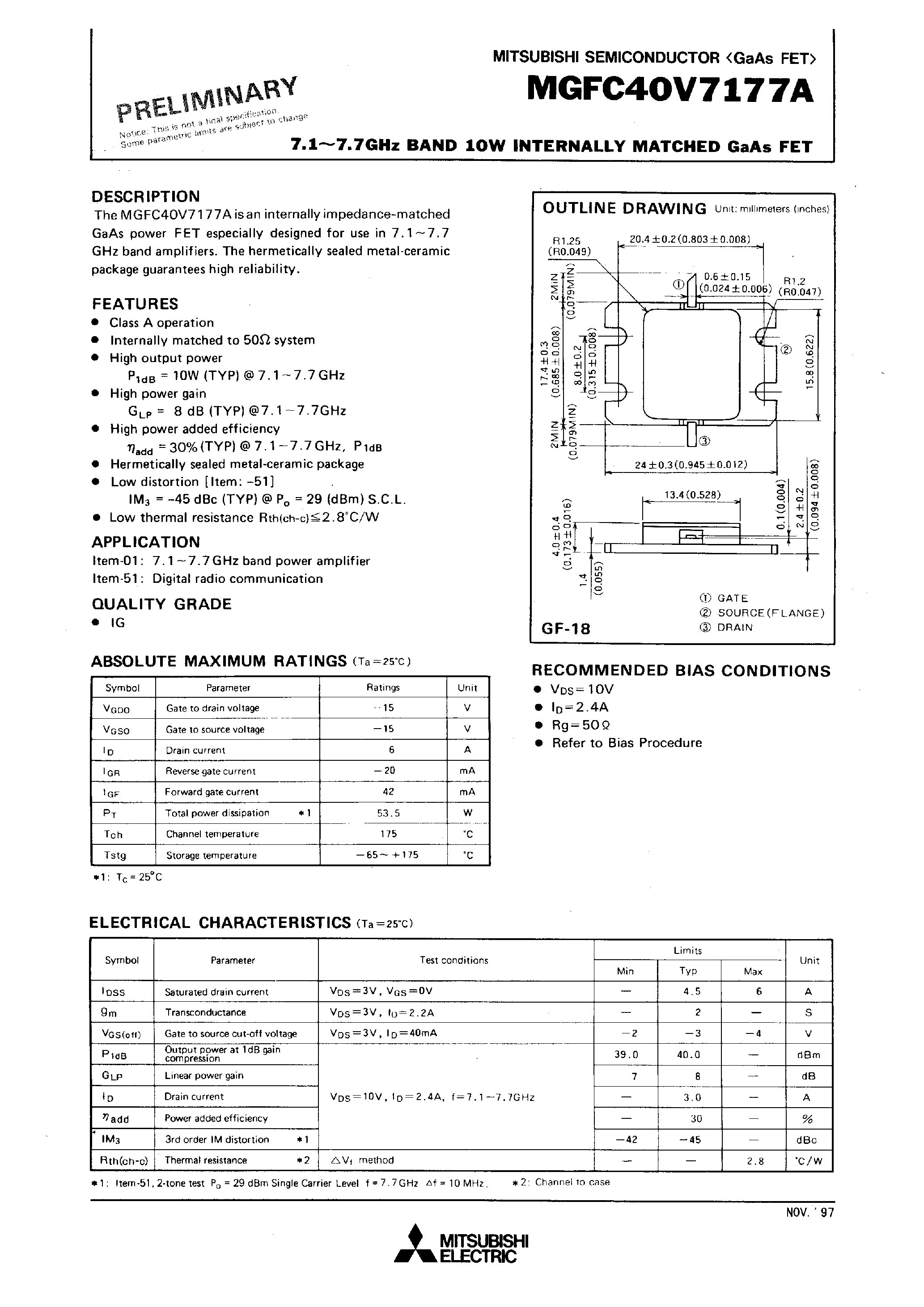 Datasheet MGFC40V7177A - 7.1 - 7.7GHz BAND 10W INTERNALLY MATCHED GaAs FET page 1