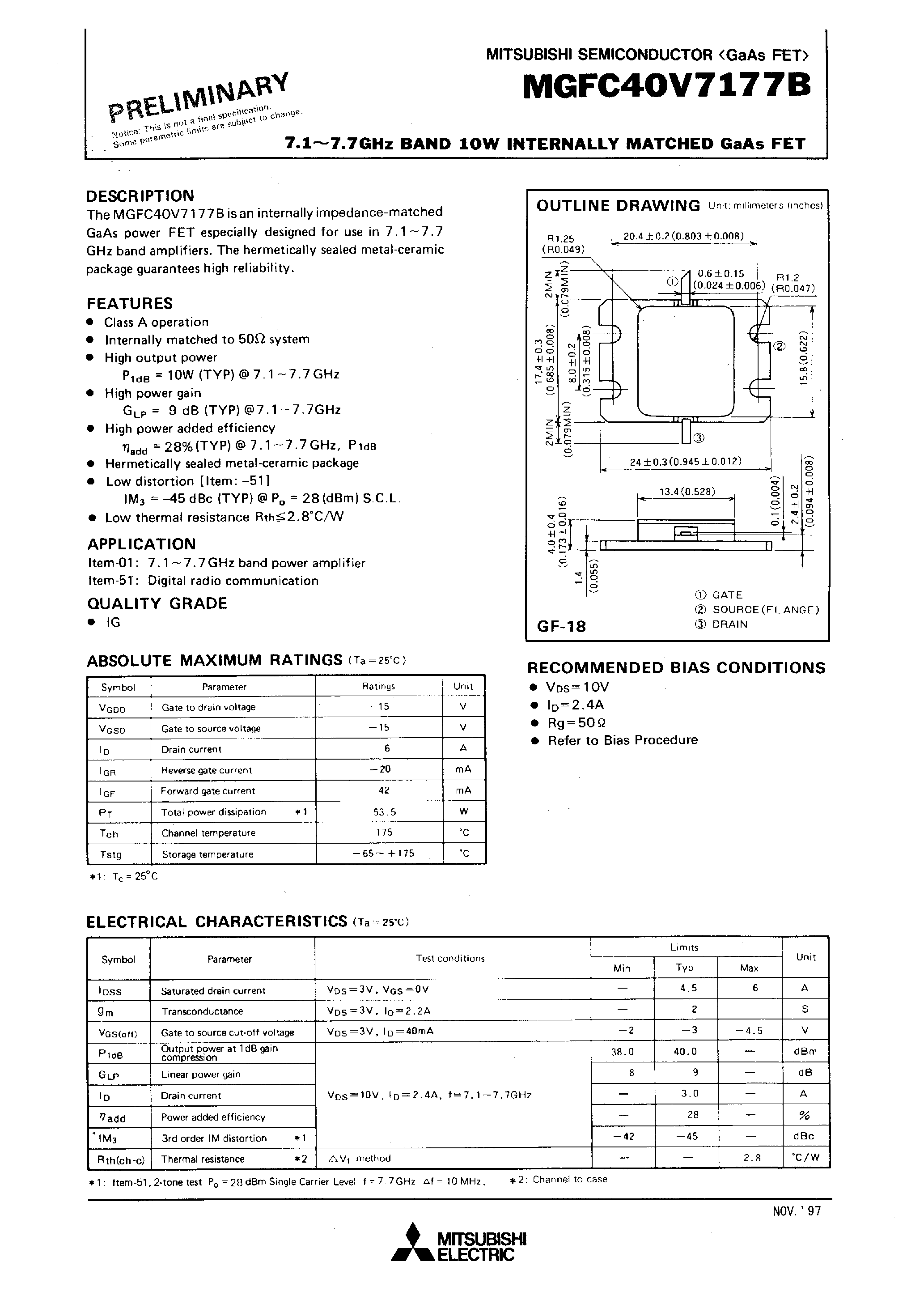 Datasheet MGFC40V7177B - 7.1 - 7.7GHz BAND 10W INTERNALLY MATCHED GaAs FET page 1