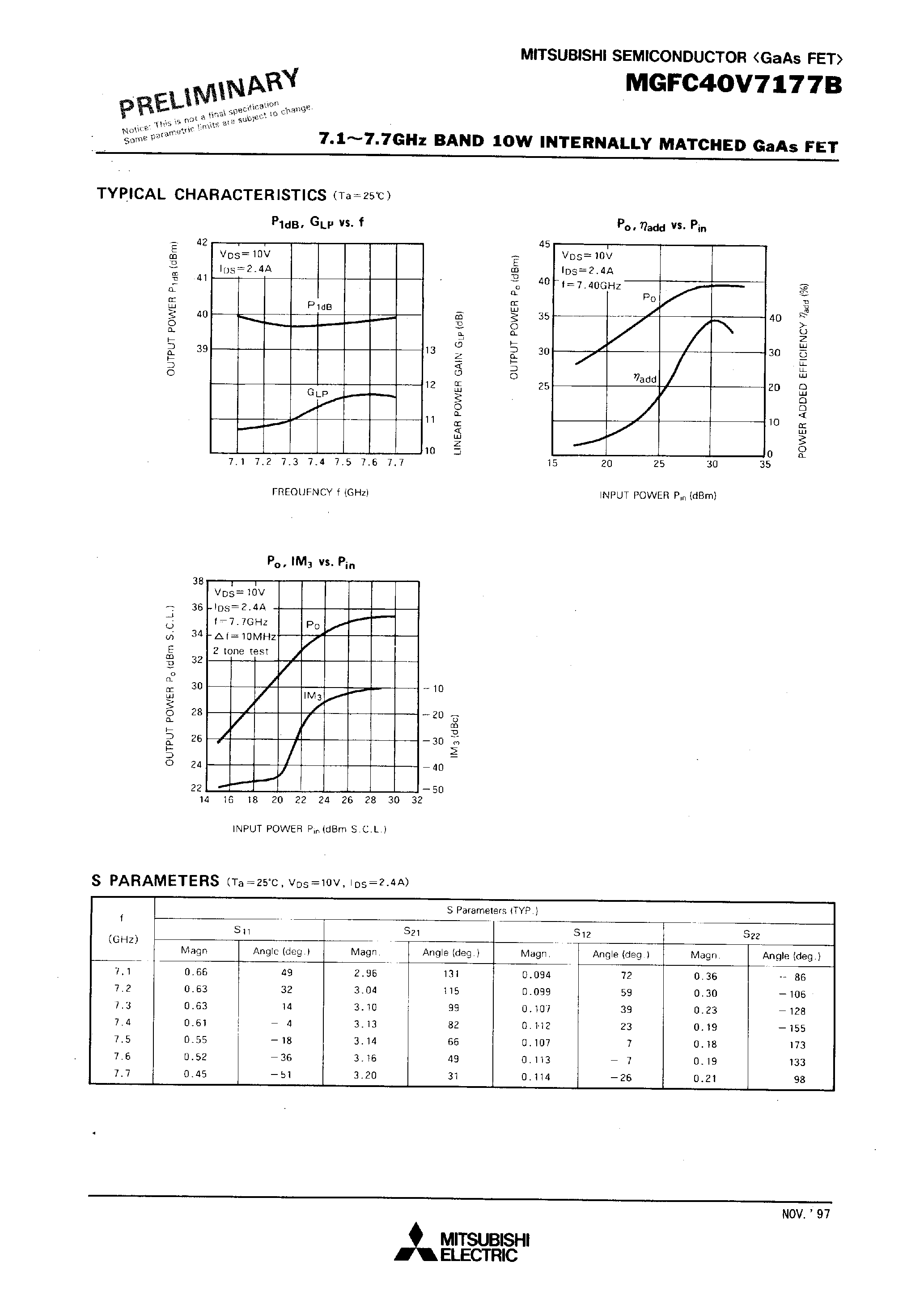 Datasheet MGFC40V7177B - 7.1 - 7.7GHz BAND 10W INTERNALLY MATCHED GaAs FET page 2
