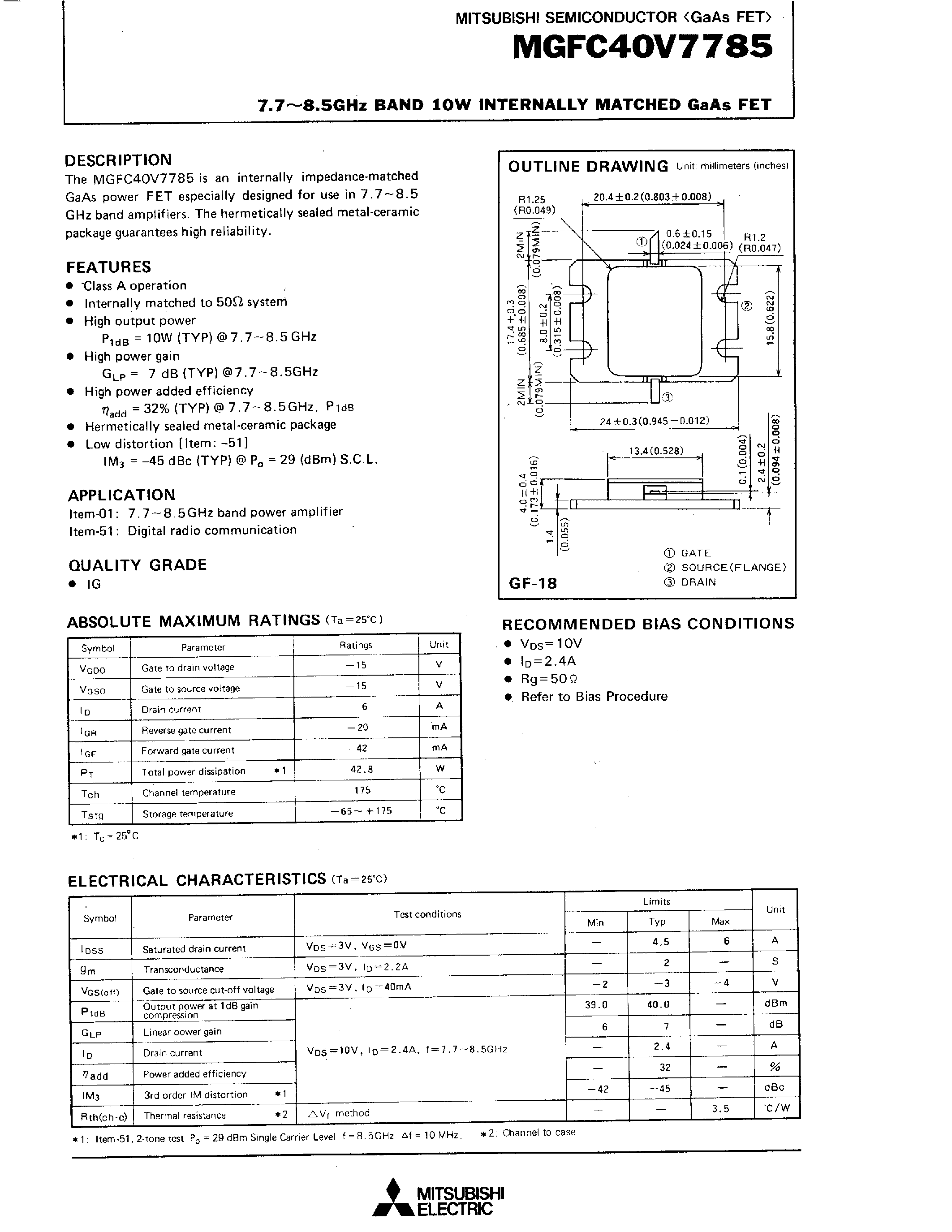 Datasheet MGFC40V7785 - 7.7 - 8.5GHz BAND 10W INTERNALLY MATCHED GaAs FET page 1