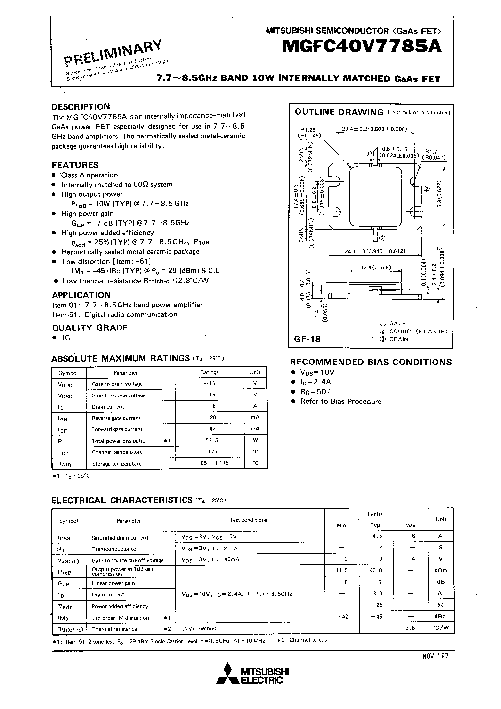 Datasheet MGFC40V7785A - 7.7 - 8.5GHz BAND 10W INTERNALLY MATCHED GaAs FET page 1