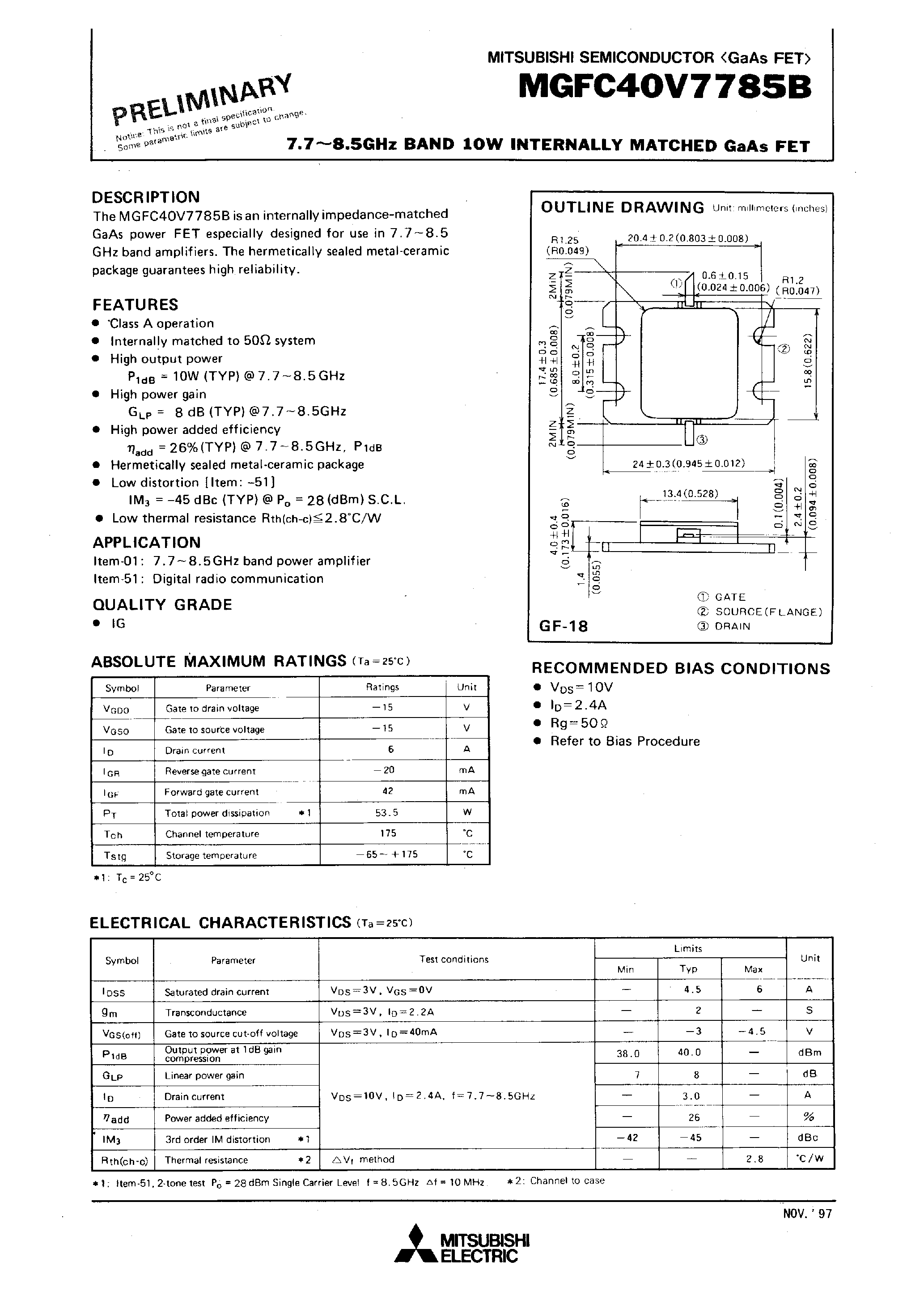 Datasheet MGFC40V7785B - 7.7 - 8.5GHz BAND 10W INTERNALLY MATCHED GaAs FET page 1