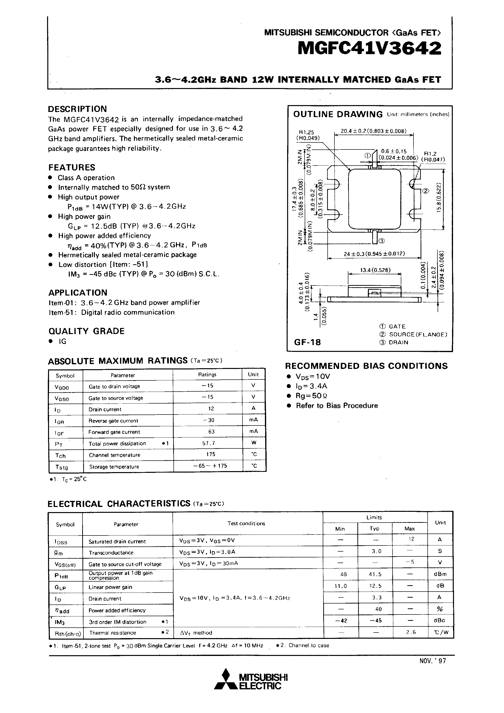 Datasheet MGFC41V3642 - 3.6 - 4.2GHz BAND 12W INTERNALLY MATCHED GaAs FET page 1