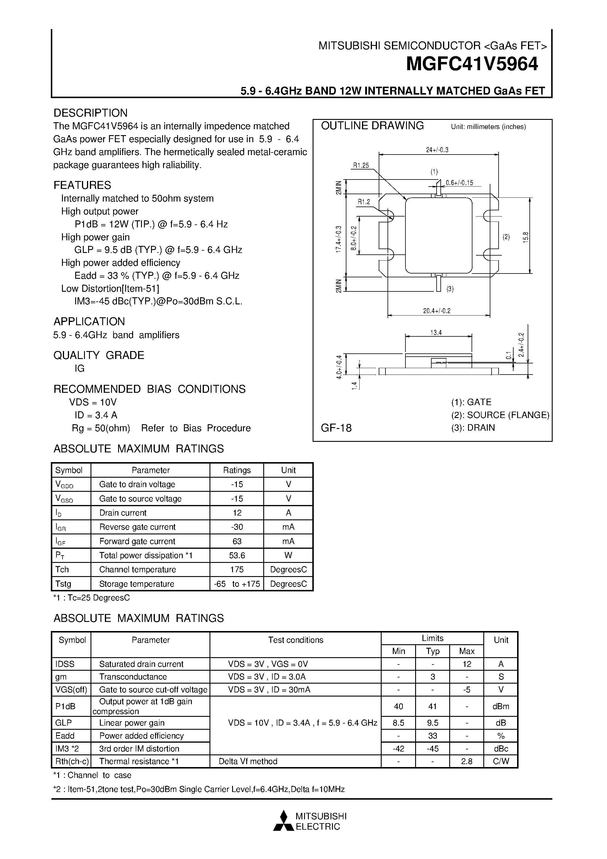 Datasheet MGFC41V5964 - 5.9 - 6.4GHz BAND 12W INTERNALLY MATCHED GaAs FET page 1