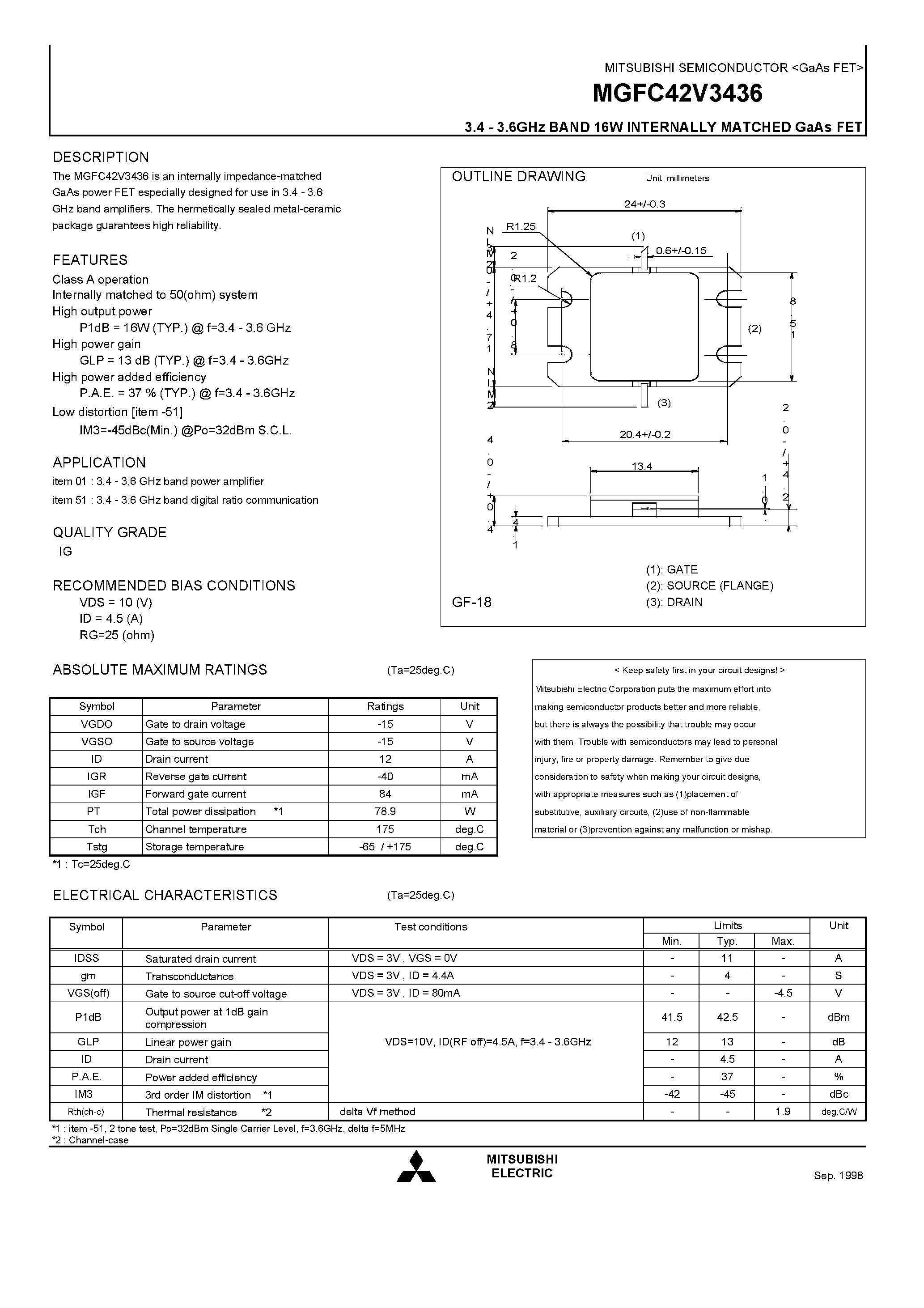 Datasheet MGFC42V3436 - 3.4 - 3.6GHz BAND 16W INTERNALLY MATCHED GaAs FET page 1
