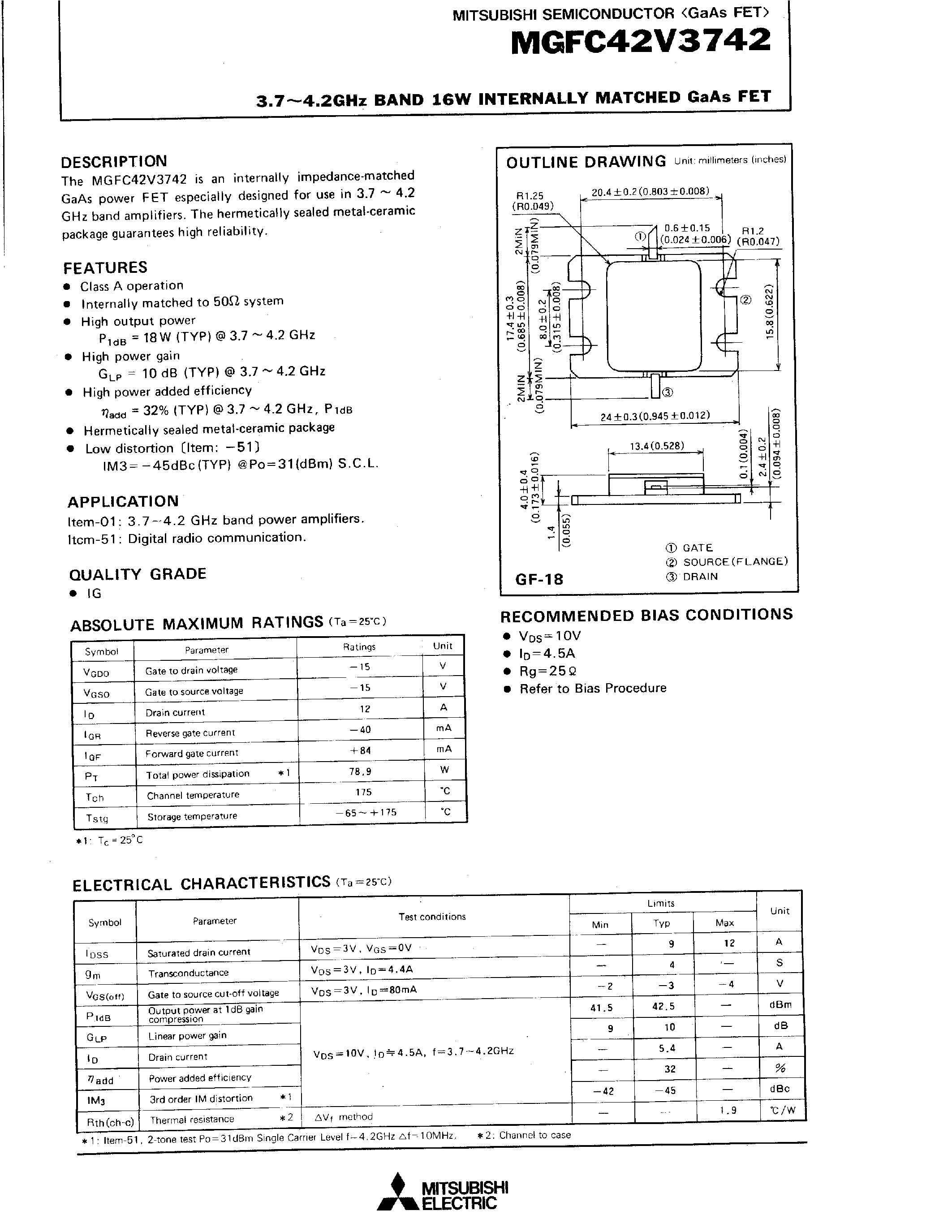 Даташит на микросхему MGFC42V3742 страница 1 Даташит MGFC42V3742 - 3.7 - 4.2GHz BAND 16W INTERNALLY MATCHED GaAs FET страница 1