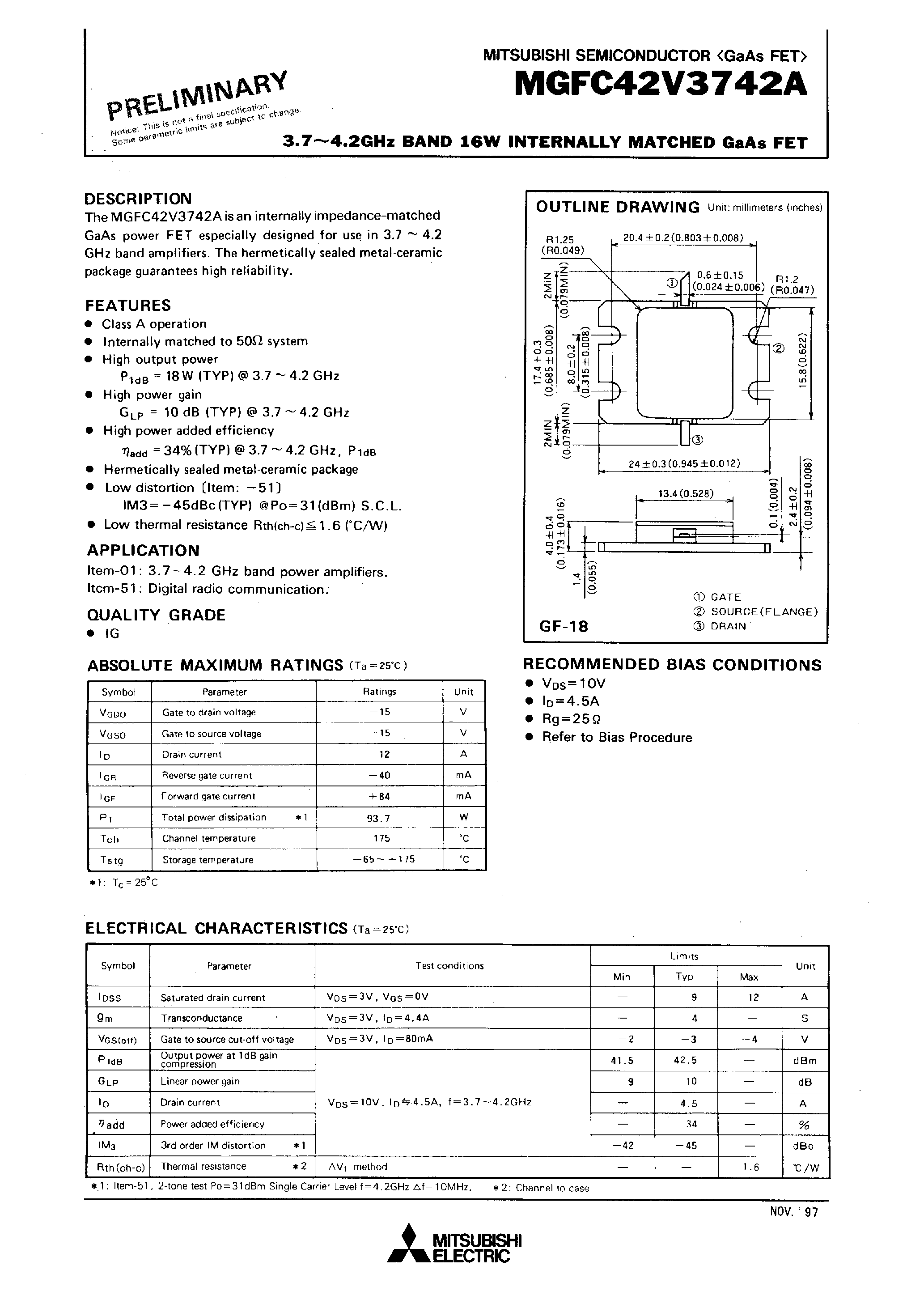Даташит на микросхему MGFC42V3742A страница 1 Даташит MGFC42V3742A - 3.7- 4.2GHz BAND 16W INTERNALLY MATCHED GaAs FET страница 1