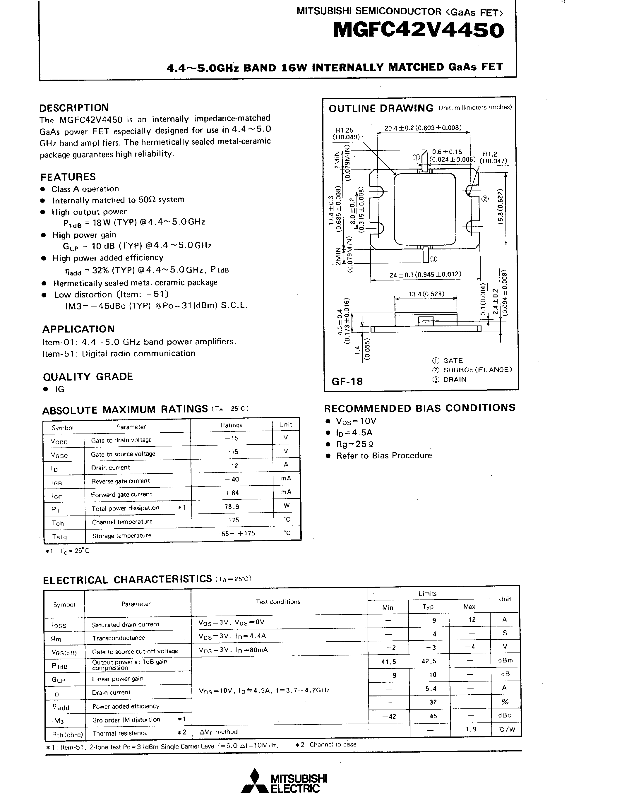 Datasheet MGFC42V4450 - 4.4 - 5.0GHz BAND 16W INTERNALLY MATCHED GaAs FET page 1