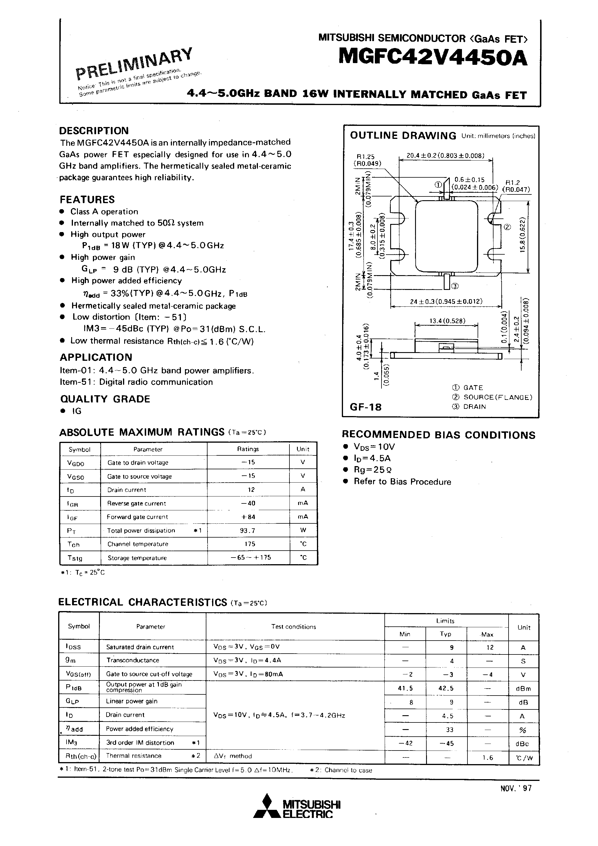 Datasheet MGFC42V4450A - 4.4 - 5.0GHz BAND 16W INTERNALLY MATCHED GaAs FET page 1