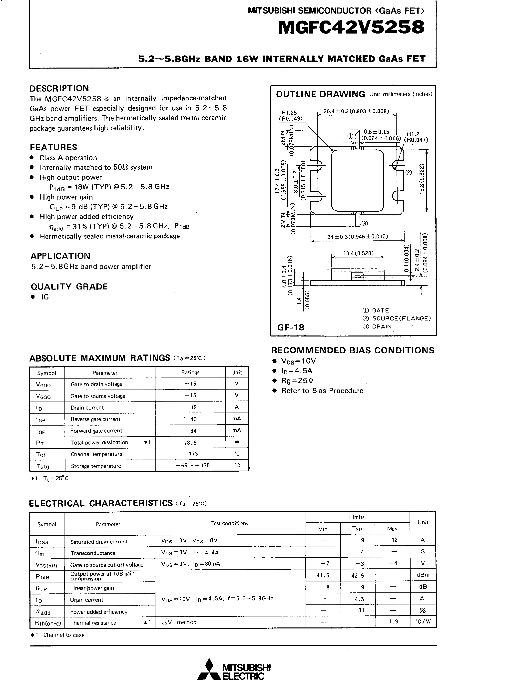 Datasheet MGFC42V5258 - 5.2 - 5.8GHz BAND 16W INTERNALLY MATCHED GaAs FET page 1