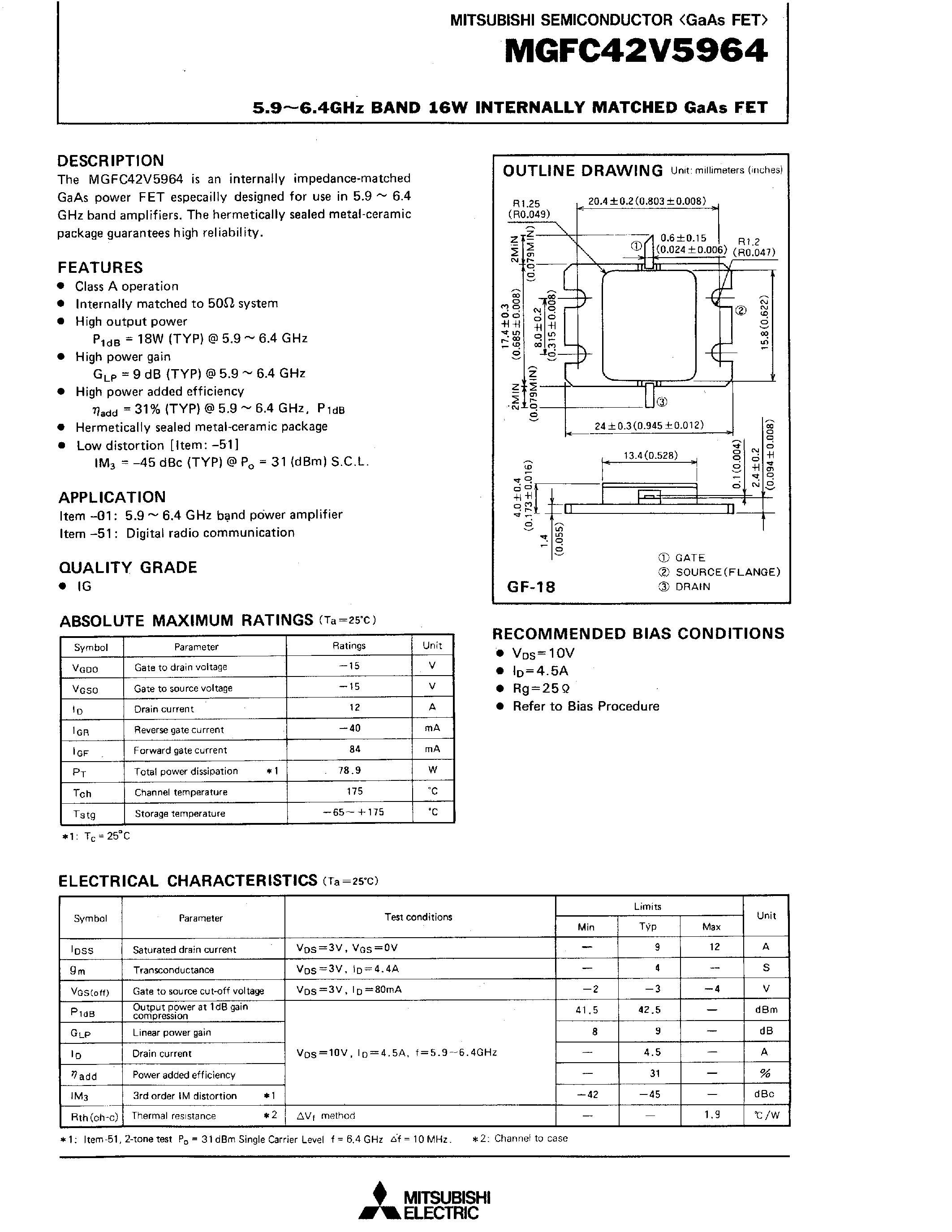Datasheet MGFC42V5964 - 5.9 - 6.4GHz BAND 16W INTERNALLY MATCHED GaAs FET page 1
