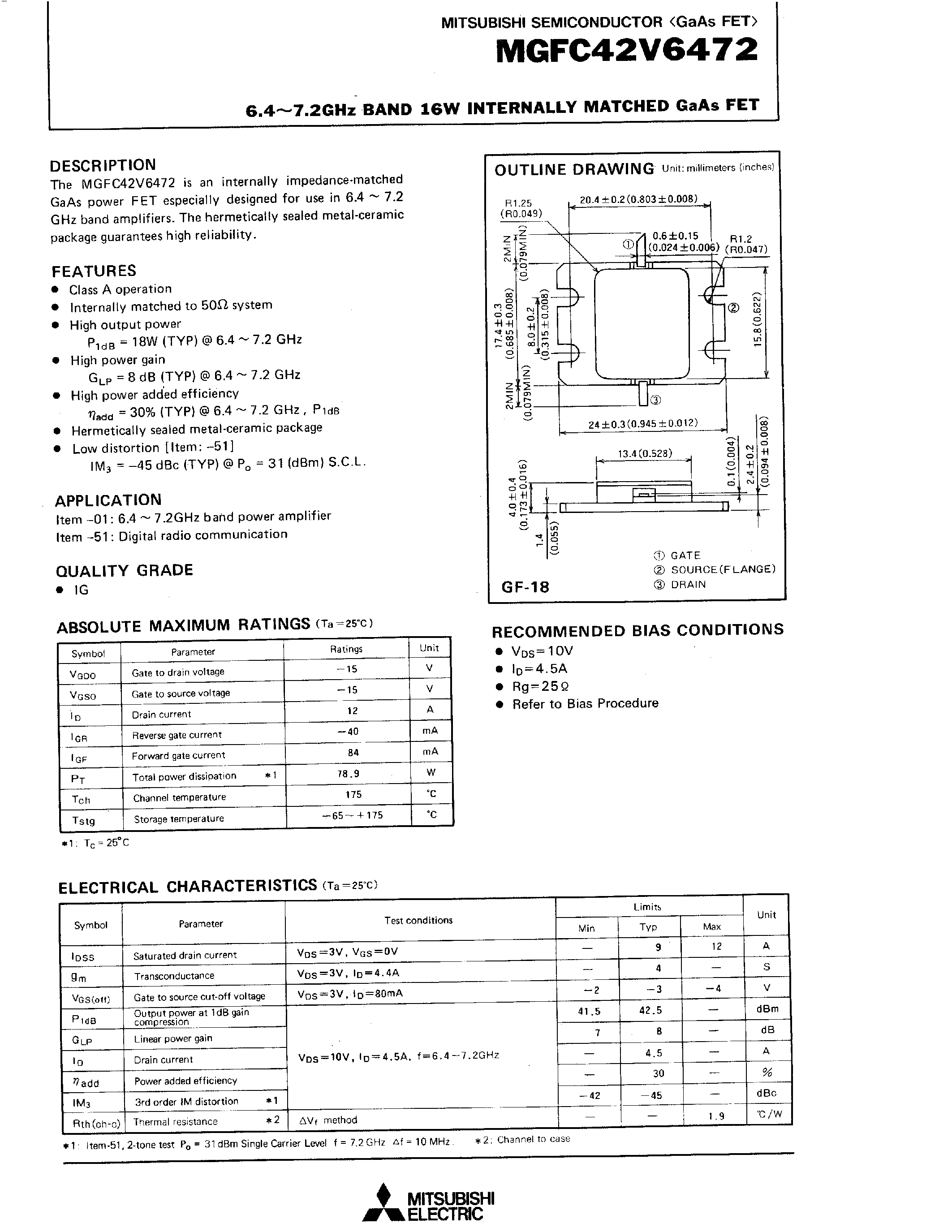 Даташит MGFC42V6472 - 6.4 - 7.2GHz BAND 16W INTERNALLY MATCHED GaAs FET страница 1