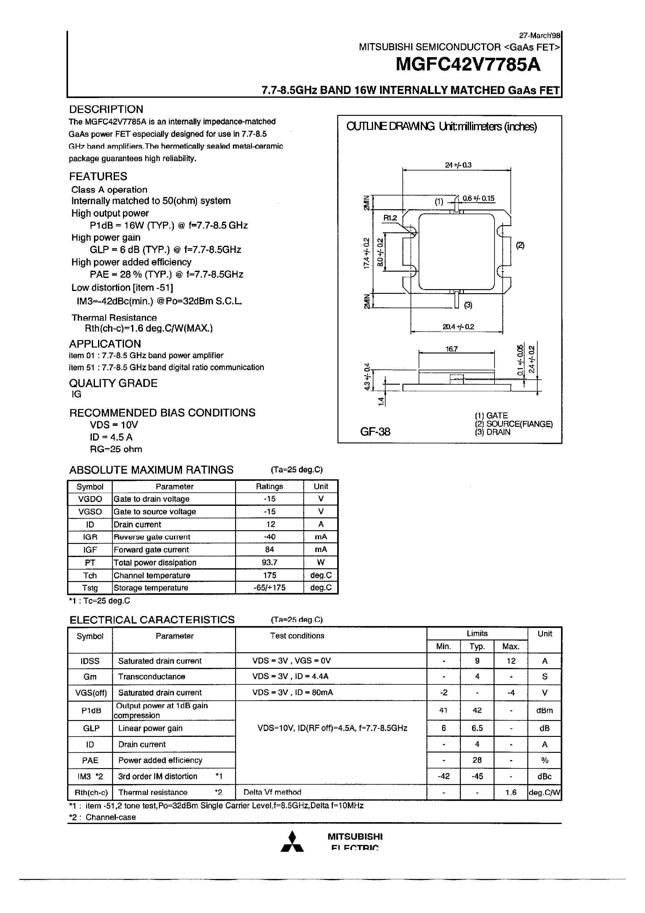 Datasheet MGFC42V7785A - 7.7- 8.5GHz BAND 16W INTERNALLY MATCHED GaAs FET page 1