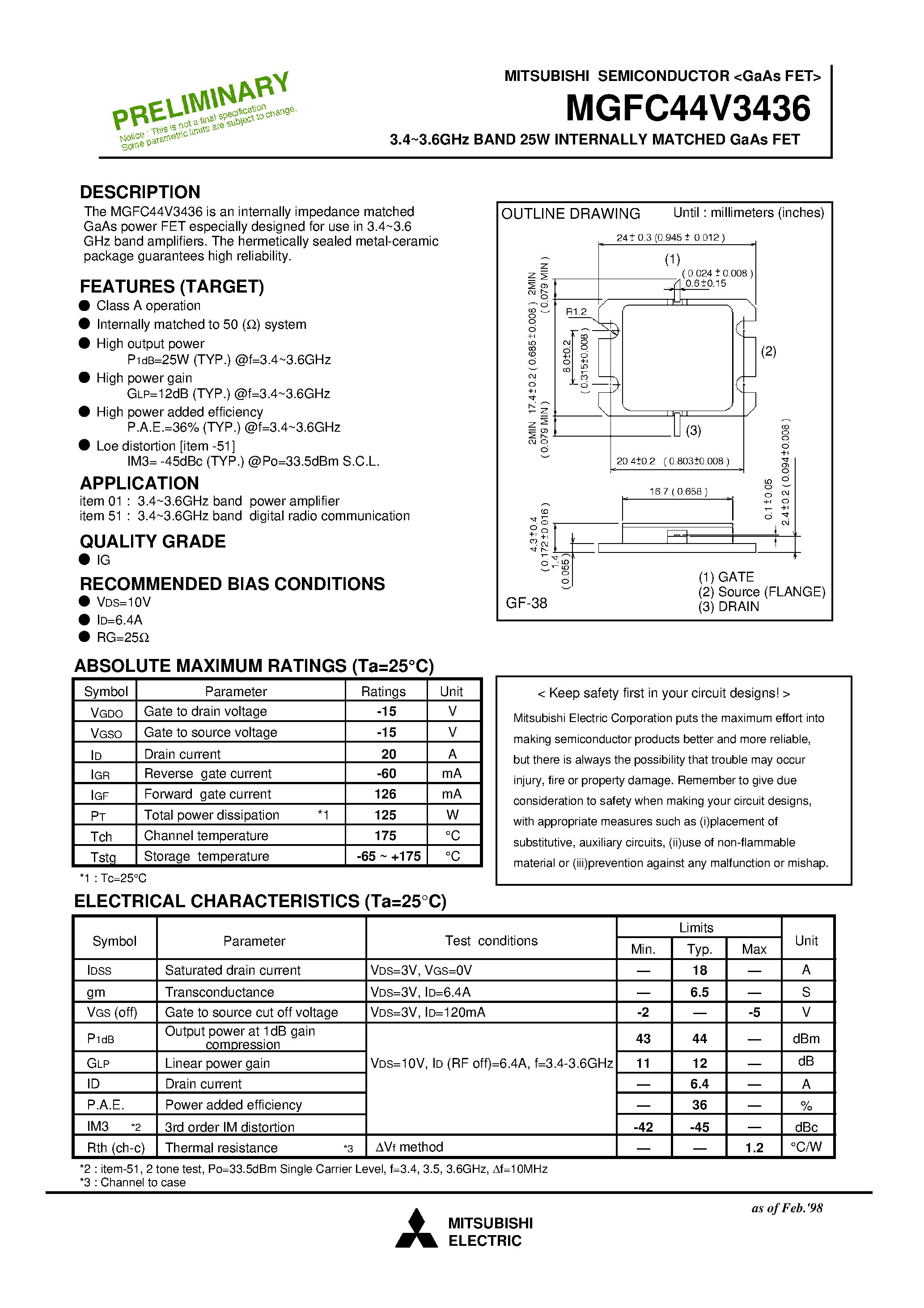 Datasheet MGFC44V3436 - 3.4-3.6GHz BAND 25W INTERNALLY MATCHED GaAs FET page 1