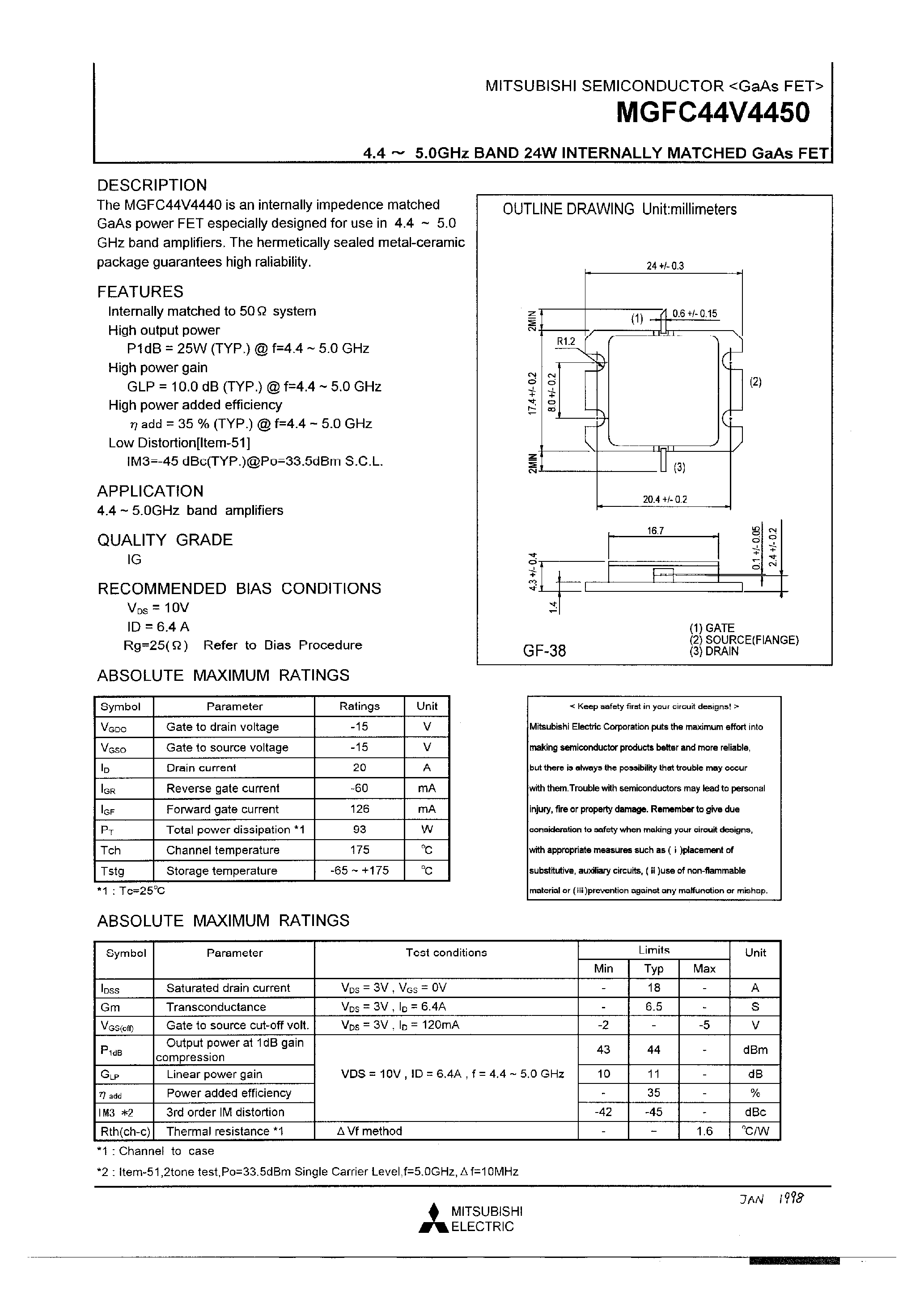 Datasheet MGFC44V4450 - 4.4-5.0GHz BAND 24W INTERNALLY MATCHED GaAs FET page 1