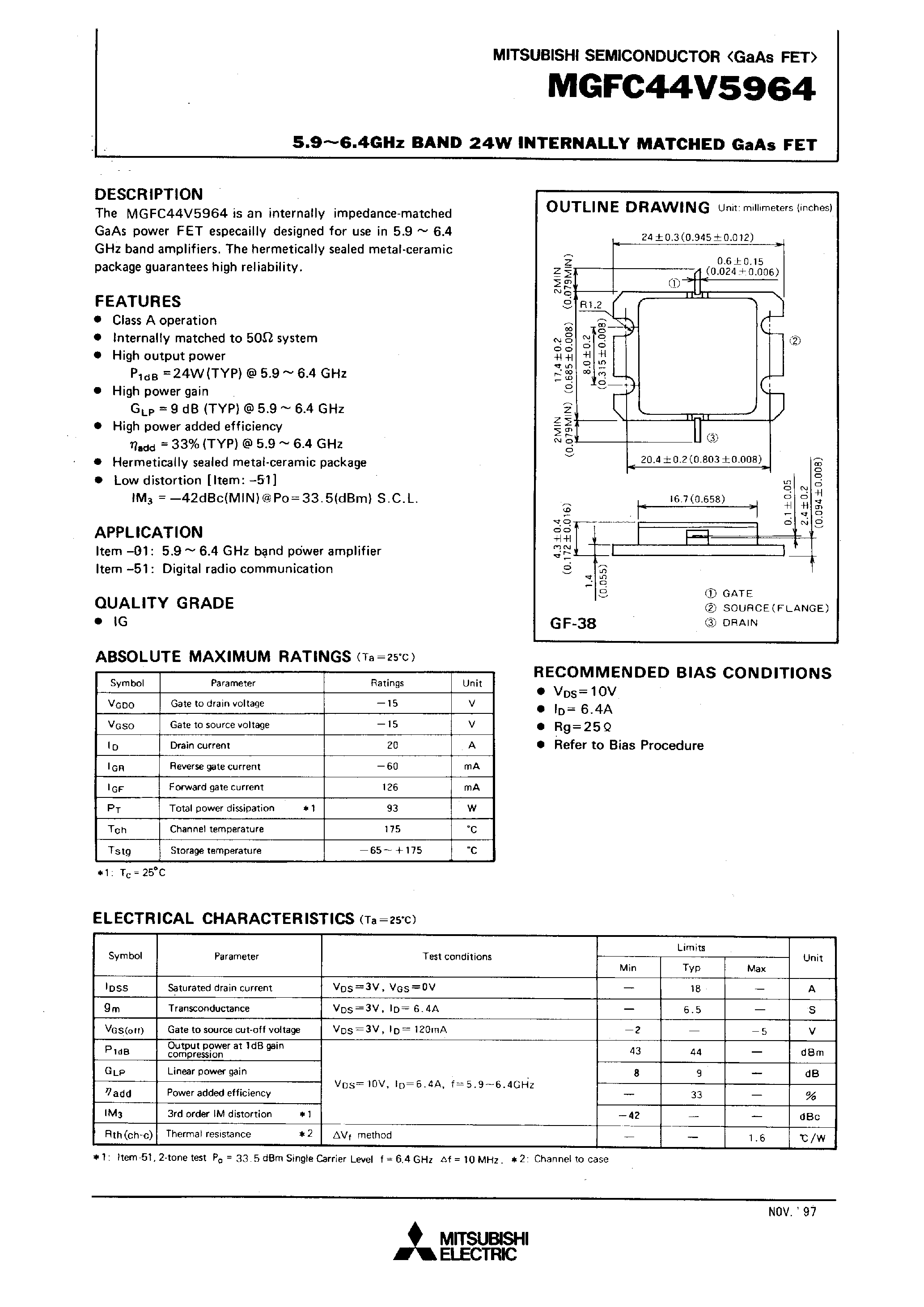 Datasheet MGFC44V5964 - 5.9-6.4GHz BAND 24W INTERNALLY MATCHED GaAs FET page 1