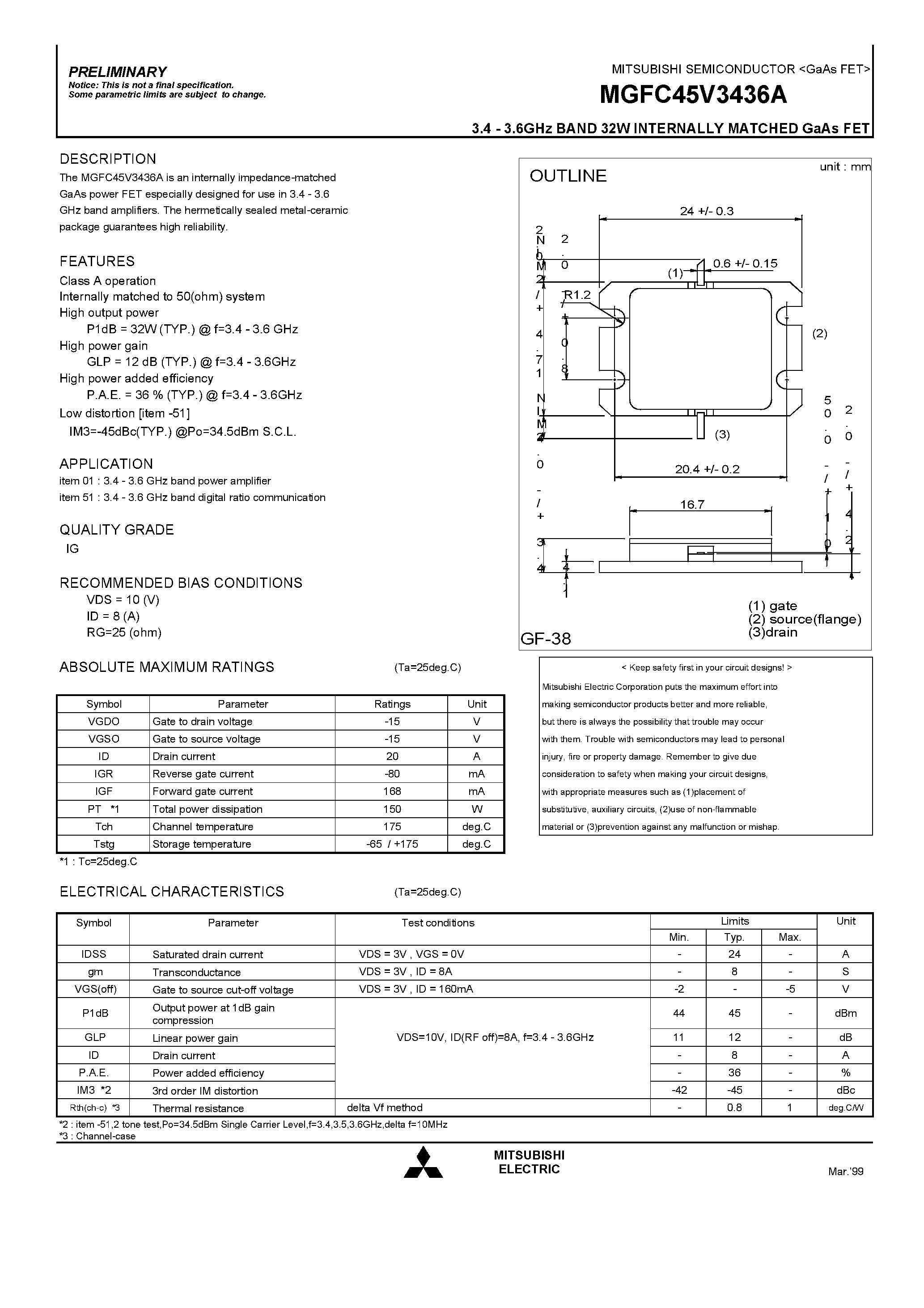 Datasheet MGFC45V3436A - 3.4 - 3.6GHz BAND 32W INTERNALLY MATCHED GaAs FET page 1