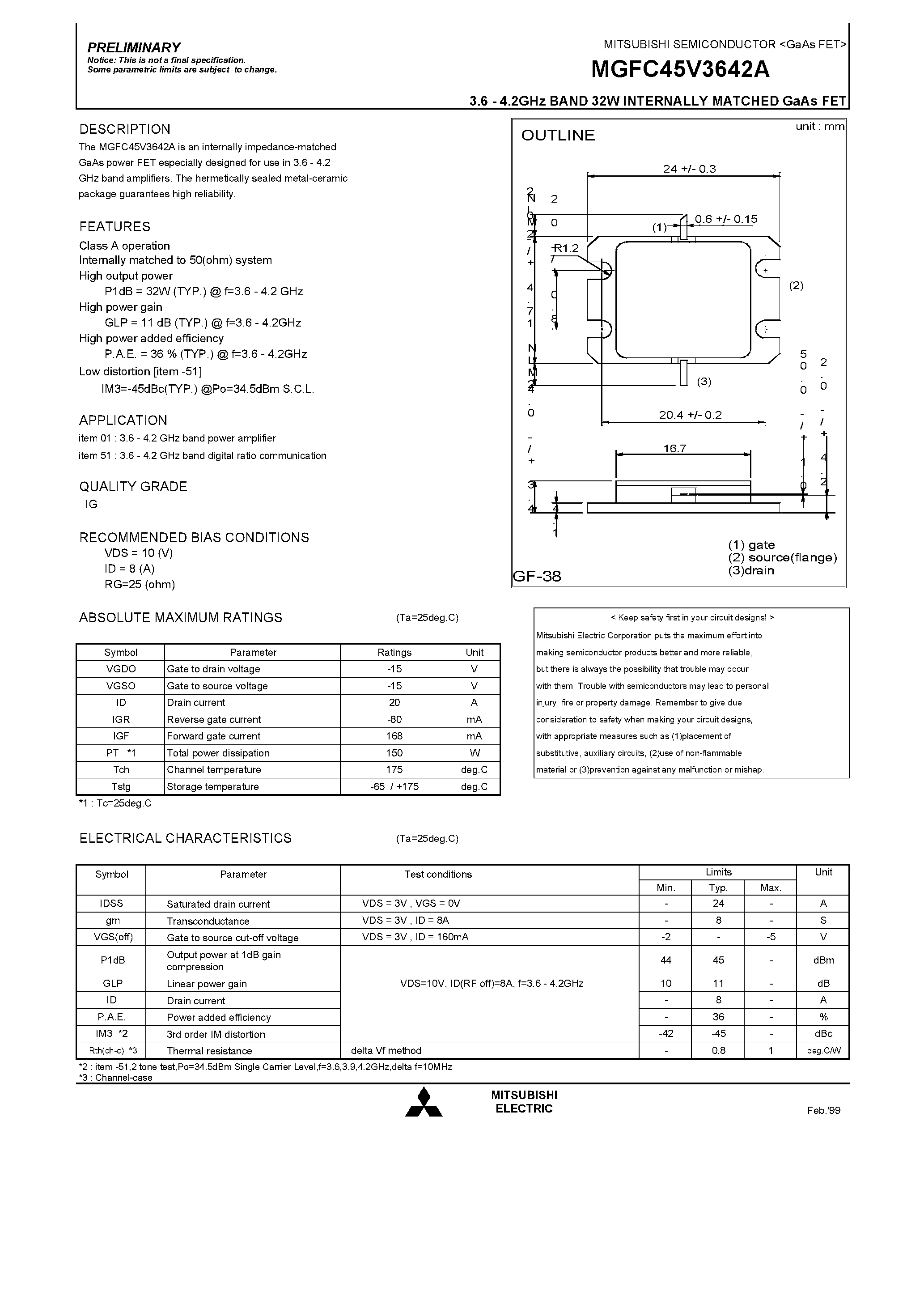 Даташит MGFC45V3642A - 3.6 - 4.2GHz BAND 32W INTERNALLY MATCHED GaAs FET страница 1