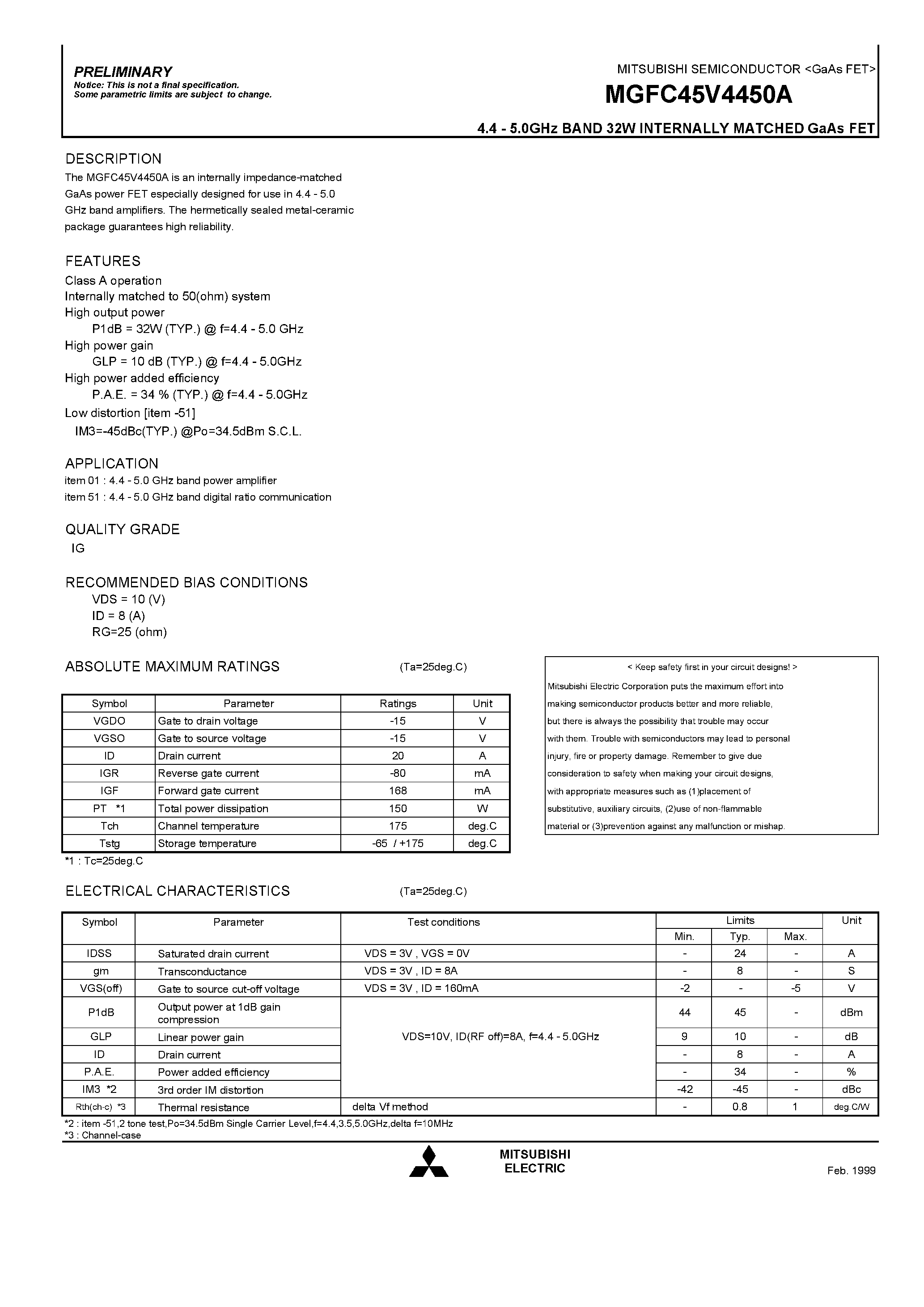 Datasheet MGFC45V4450A - 4.4 - 5.0GHz BAND 32W INTERNALLY MATCHED GaAs FET page 1