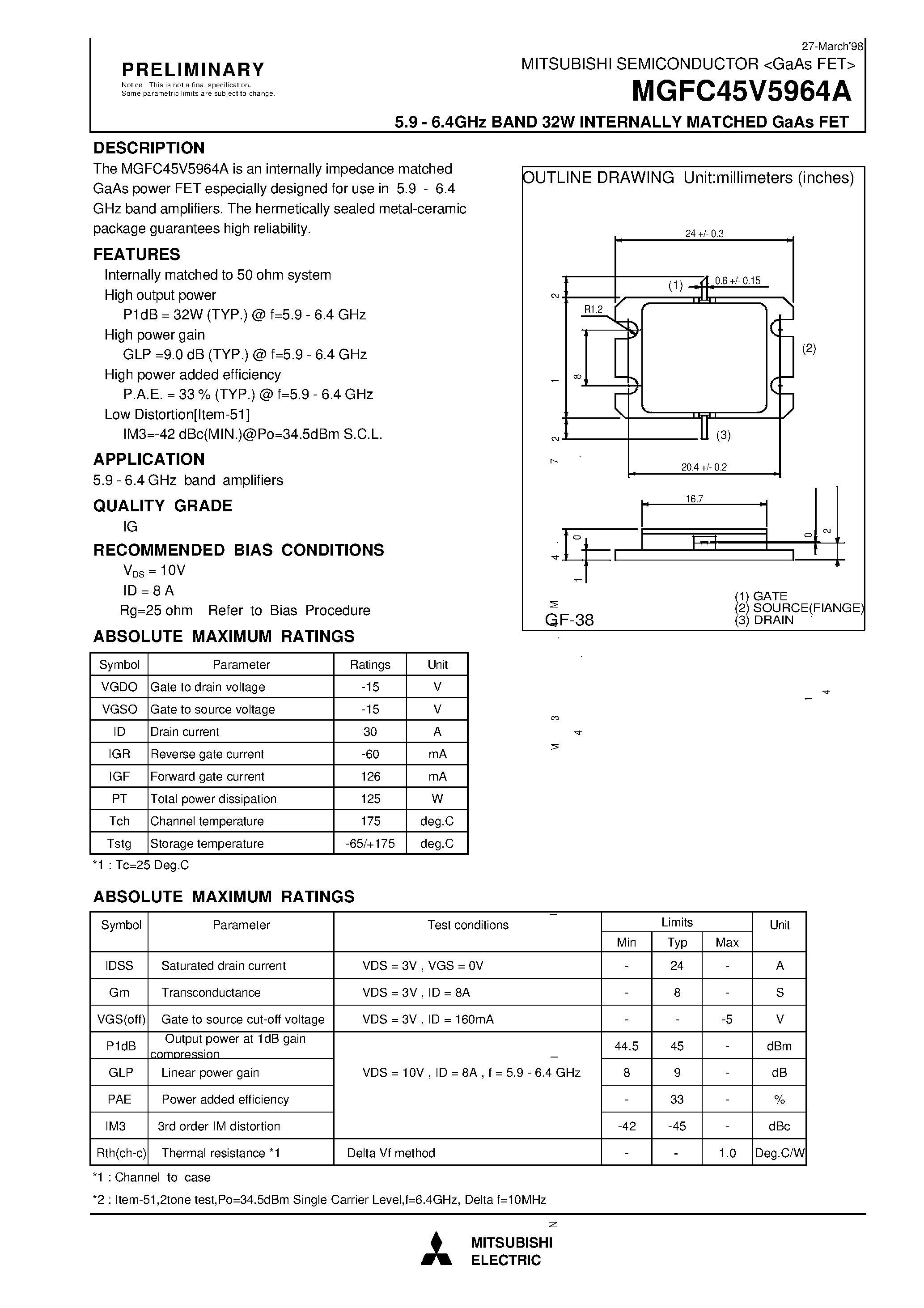 Datasheet MGFC45V5964A - 5.9 - 6.4 GHz BAND 32W INTERNALLY MATCHED GaAs FET page 1