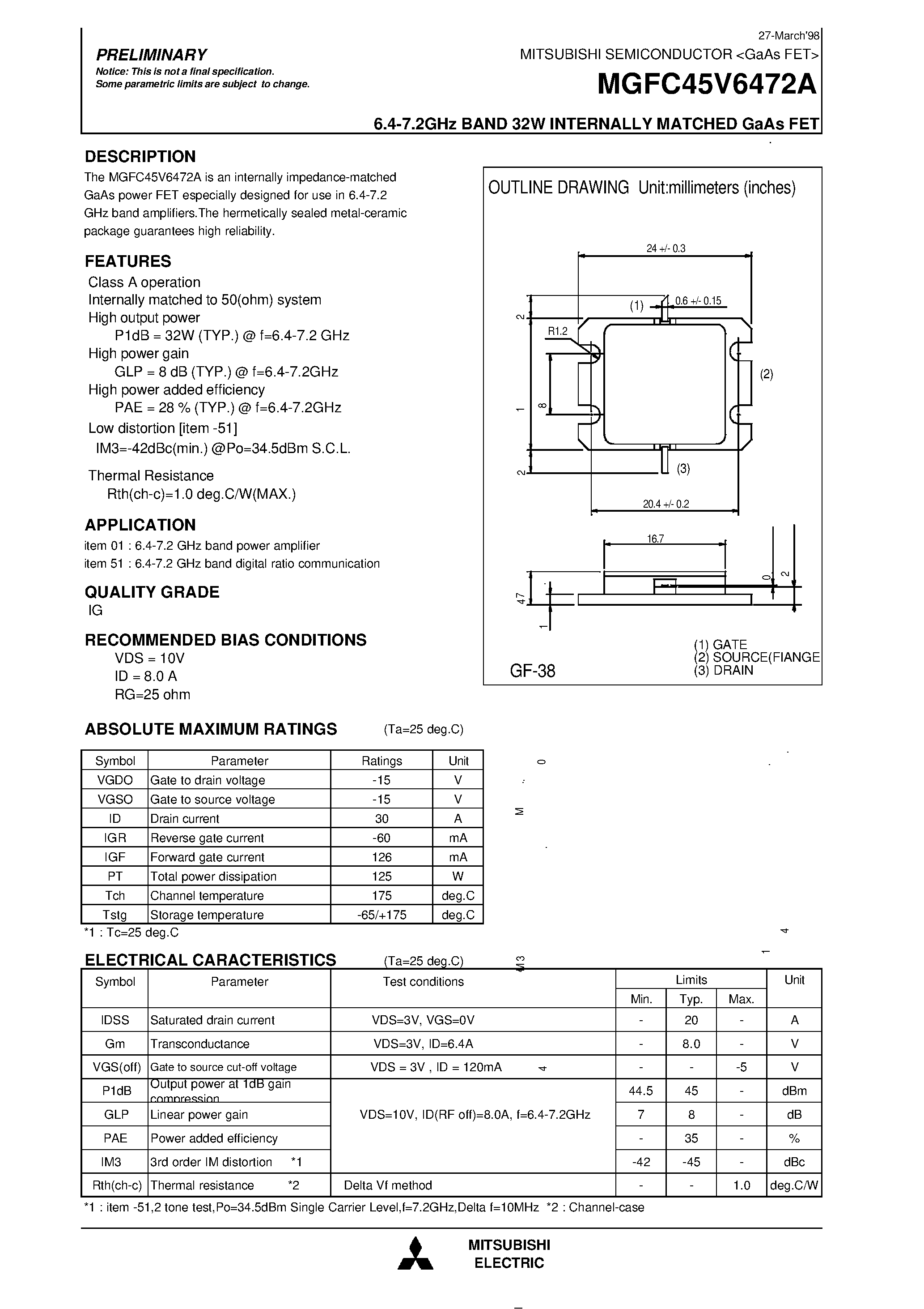 Даташит на микросхему MGFC45V6472A страница 1 Даташит MGFC45V6472A - 6.4-7.2GHz BAND 32W INTERNALLY MATCHED GaAs FET страница 1