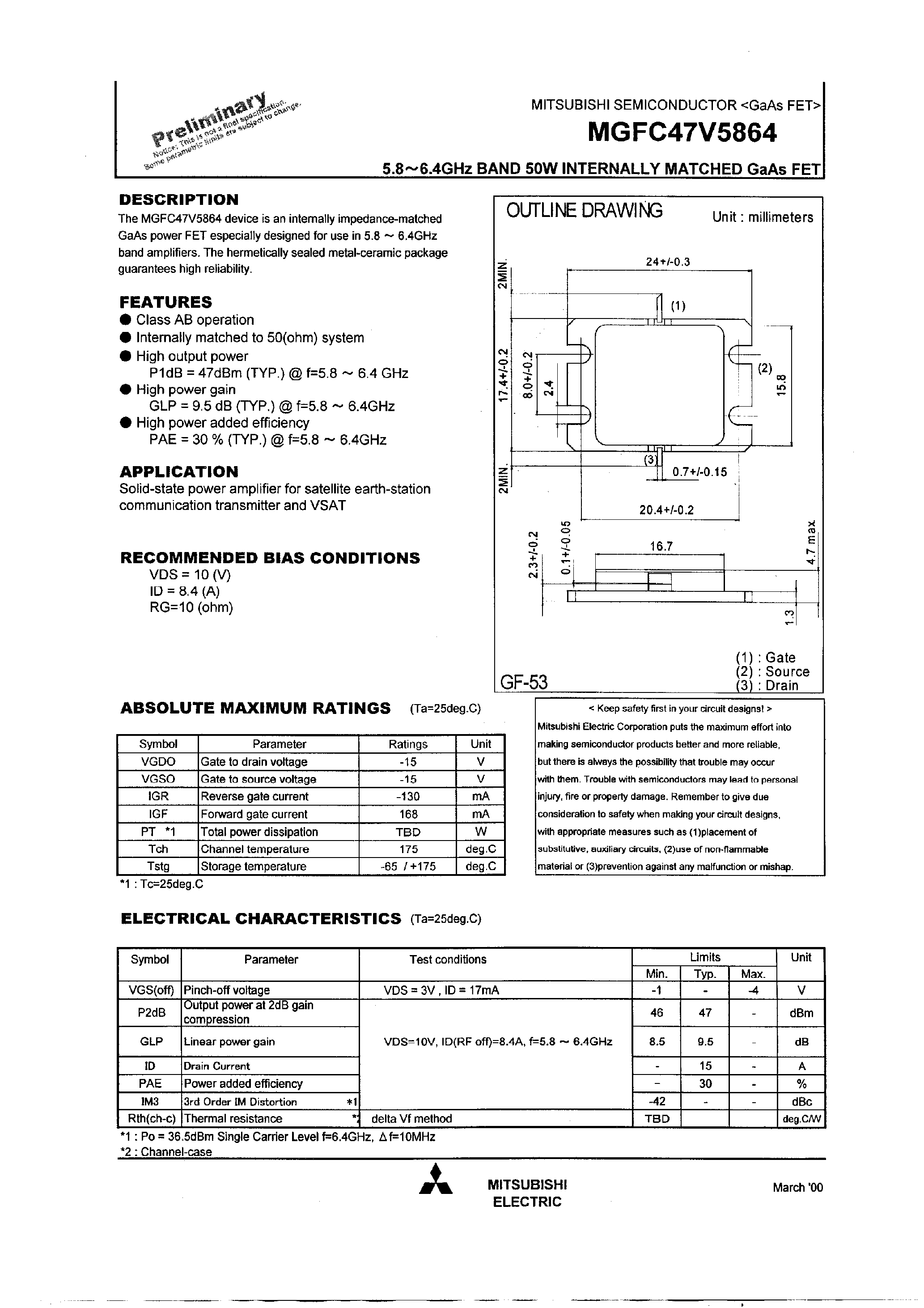 Datasheet MGFC47V5864 - 5.8-6.4GHz BAND 50W INTERNALLY MATCHED GaAs FET page 1
