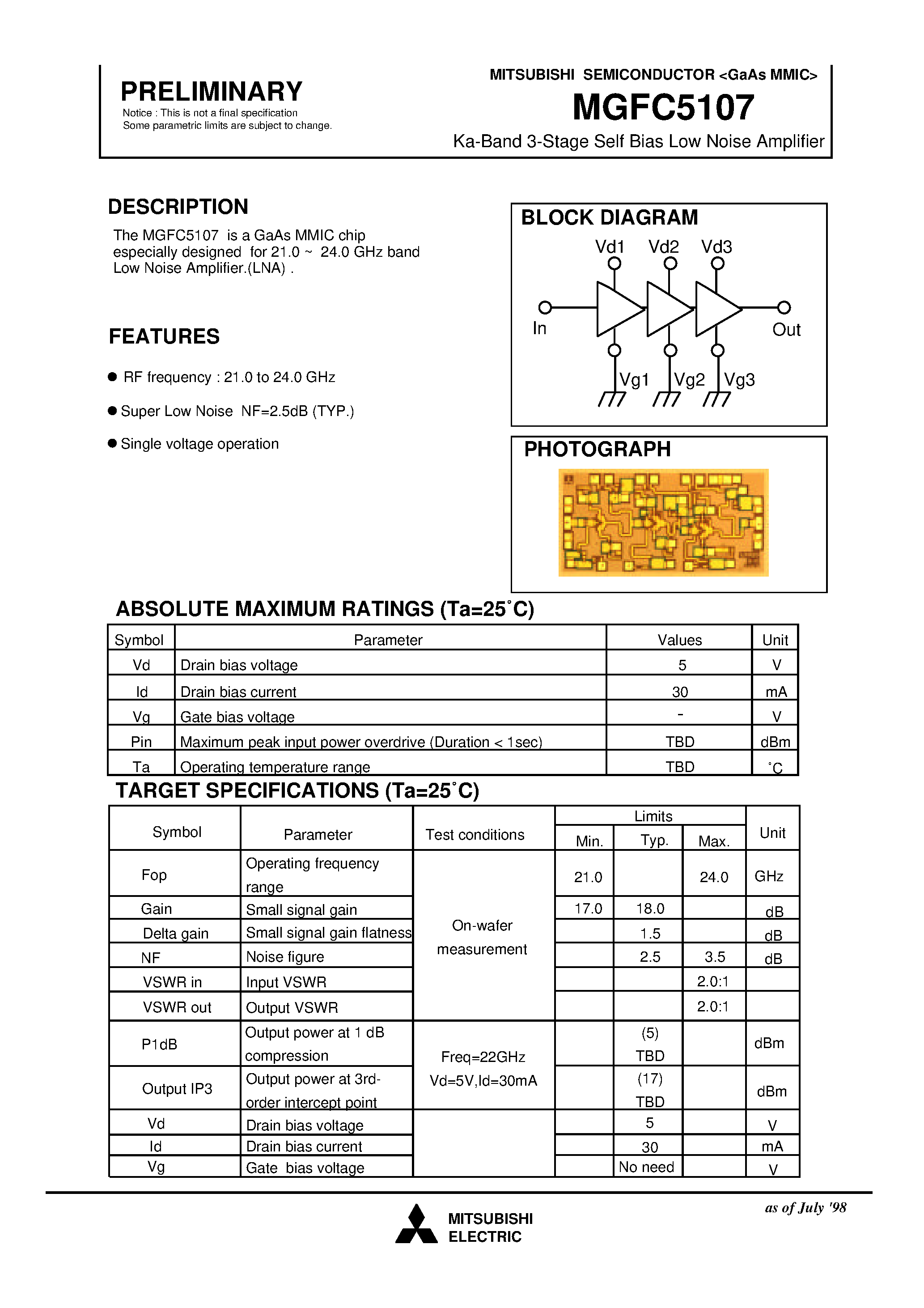 Datasheet MGFC5107 - Ka-Band 3-Stage Self Bias Low Noise Amplifier page 1
