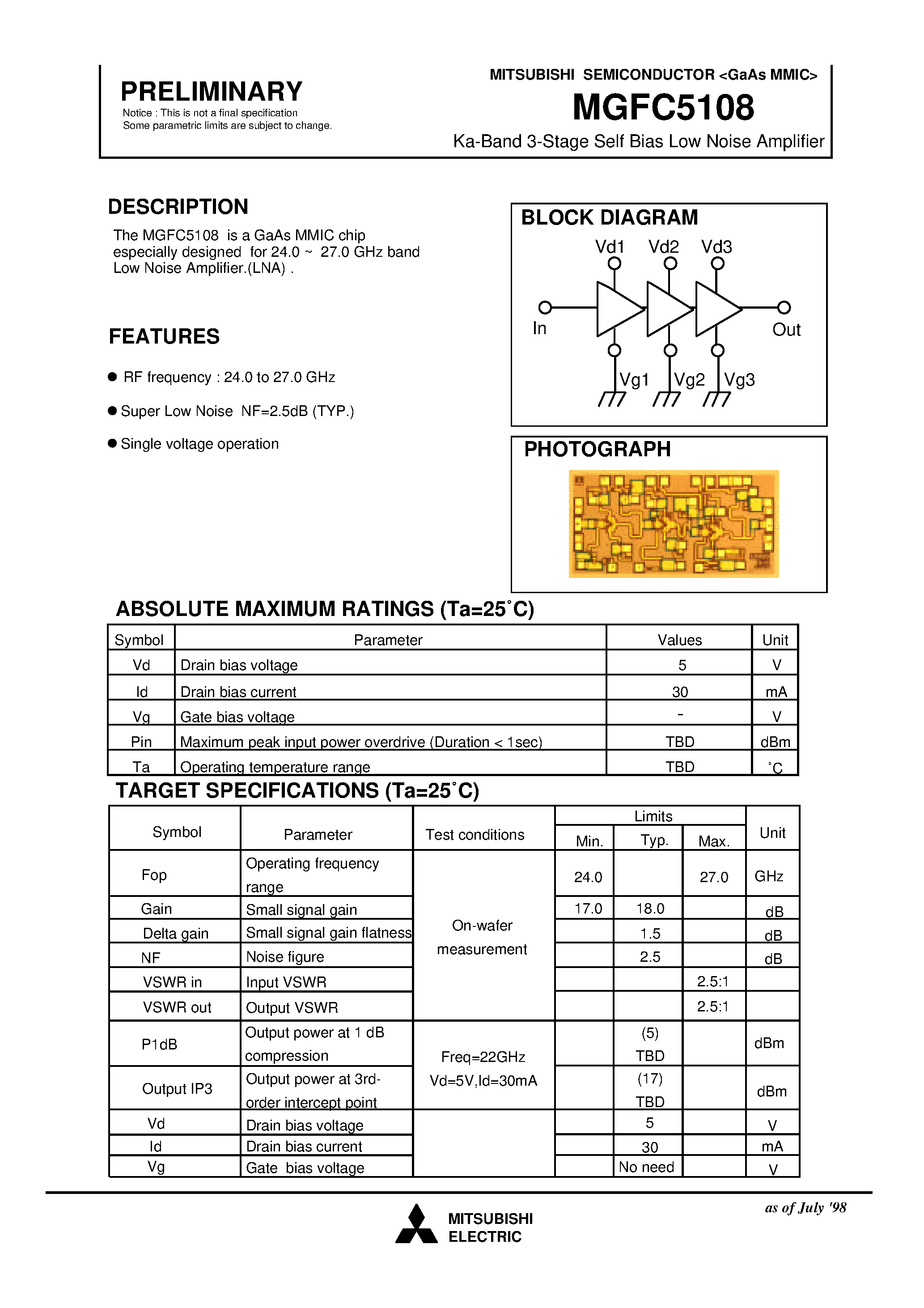 Datasheet MGFC5108 - Ka-Band 3-Stage Self Bias Low Noise Amplifier page 1