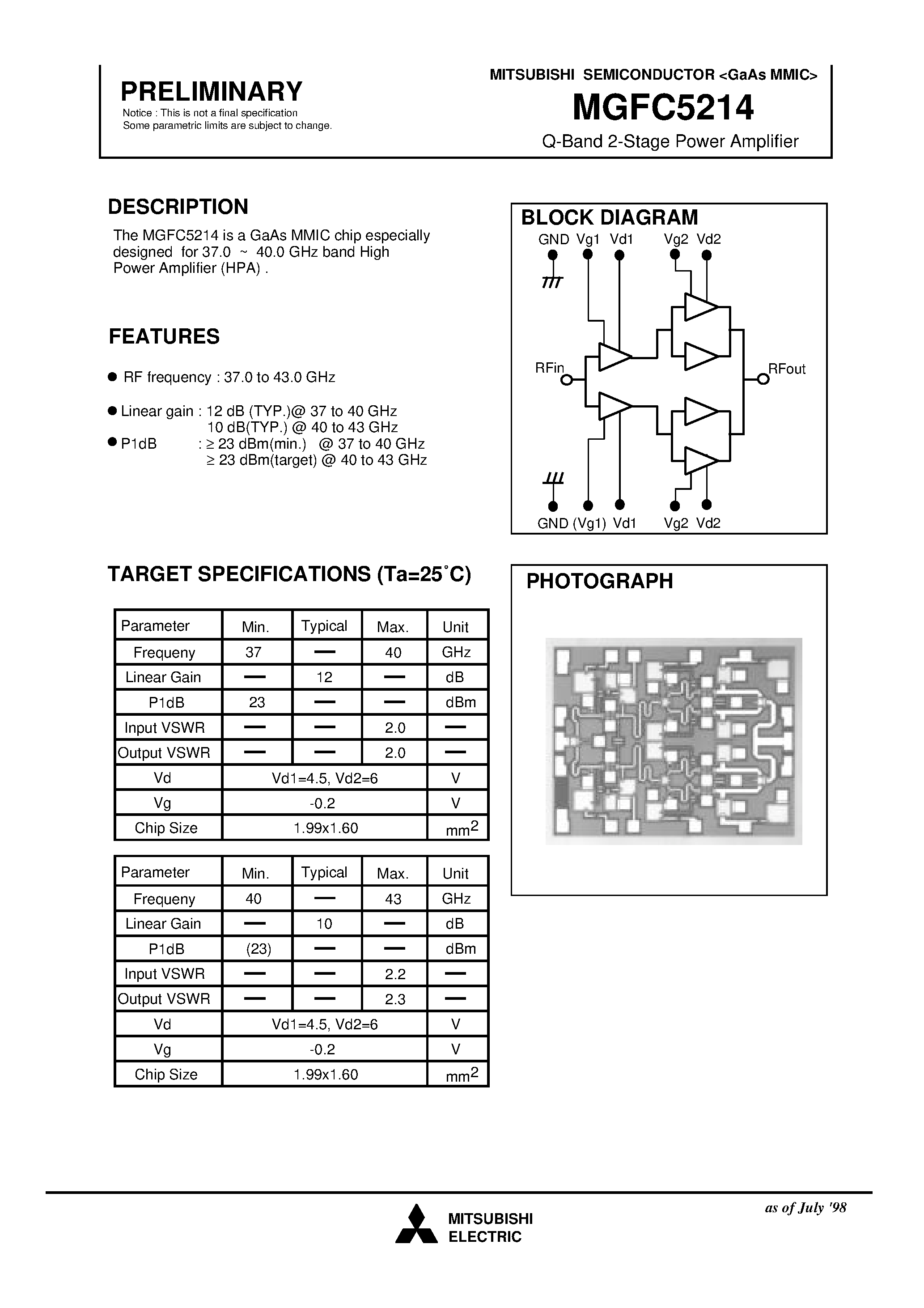 Datasheet MGFC5214 - Q-Band 2-Stage Power Amplifier page 1