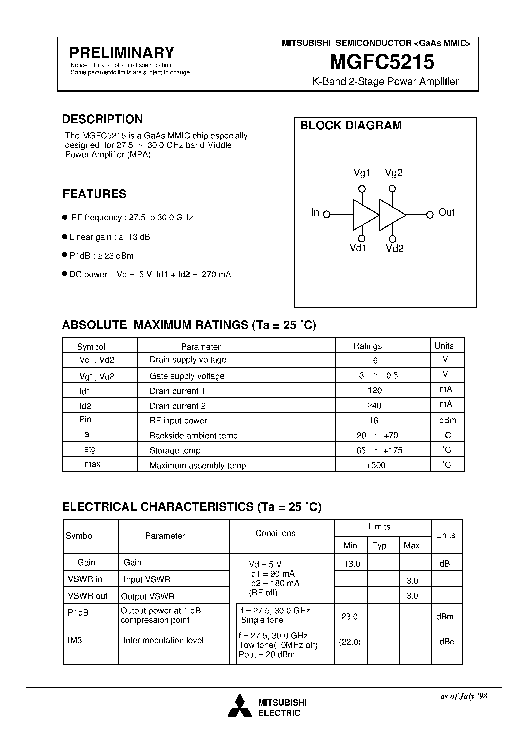 Даташит MGFC5215 - K-Band 2-Stage Power Amplifier страница 1