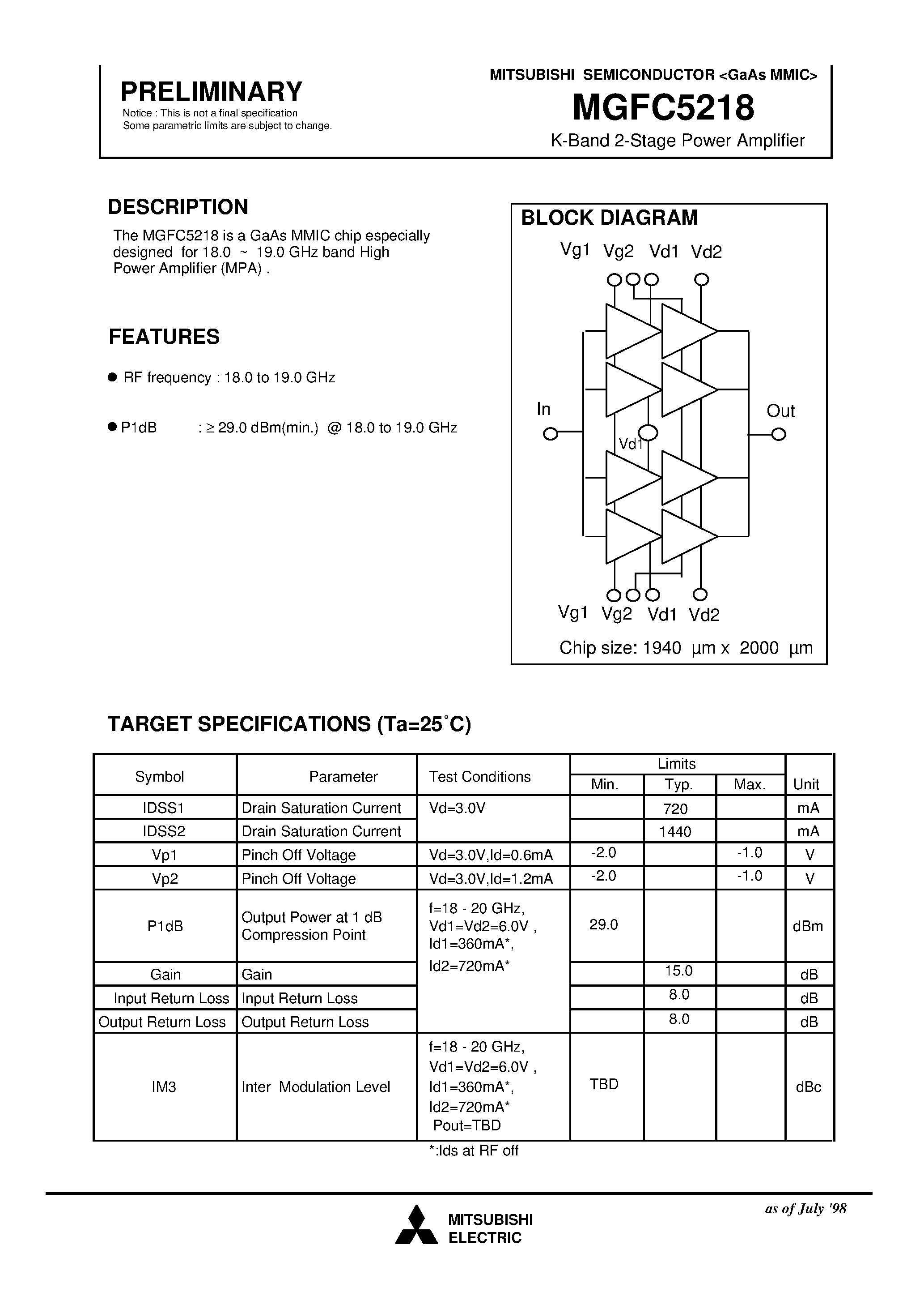 Даташит MGFC5218 - K-Band 2-Stage Power Amplifier страница 1