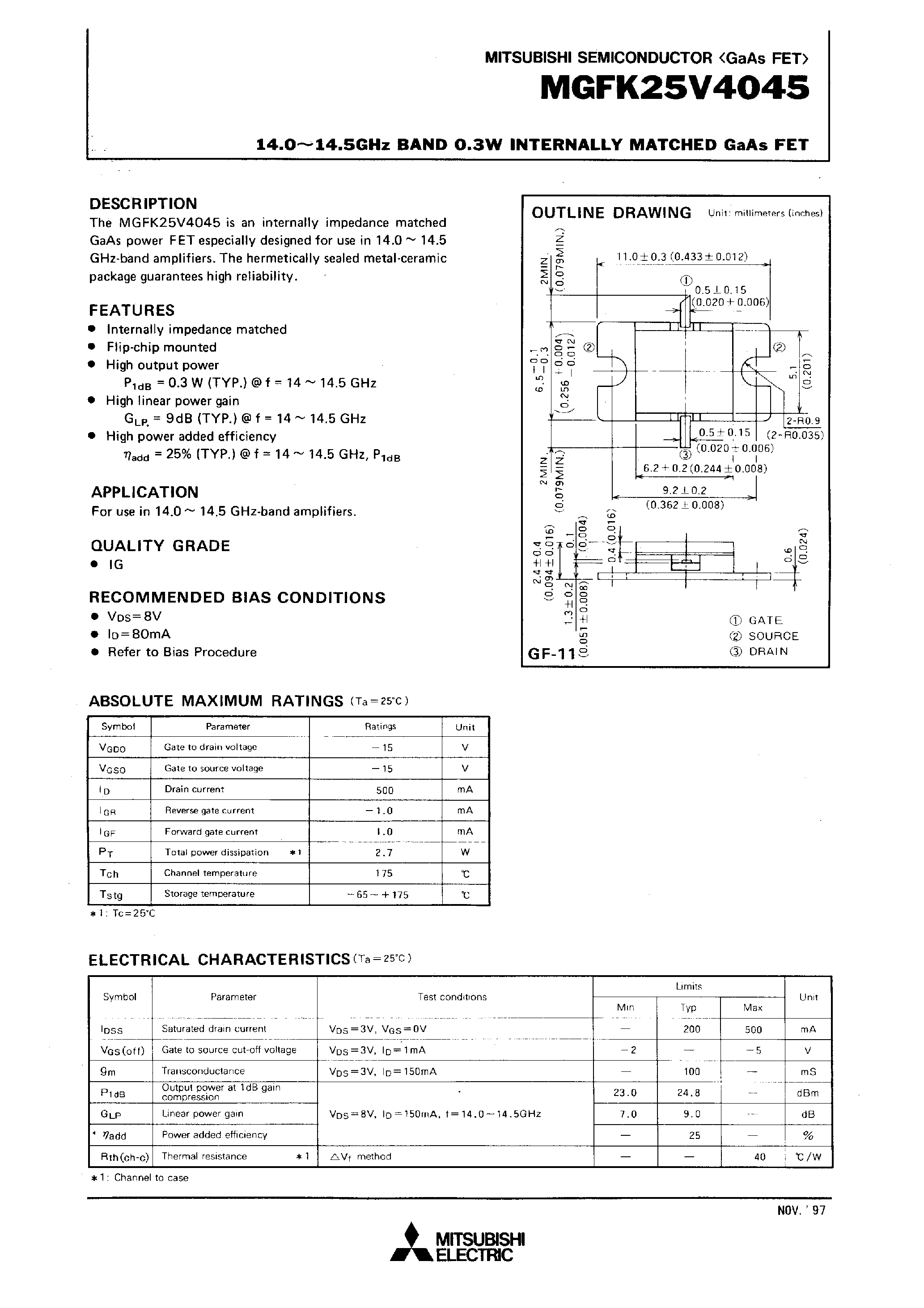 Datasheet MGFK25V4045 - 14.0-14.5GHz BAND 0.3W INTERNALLY MATCHED GaAs FET page 1