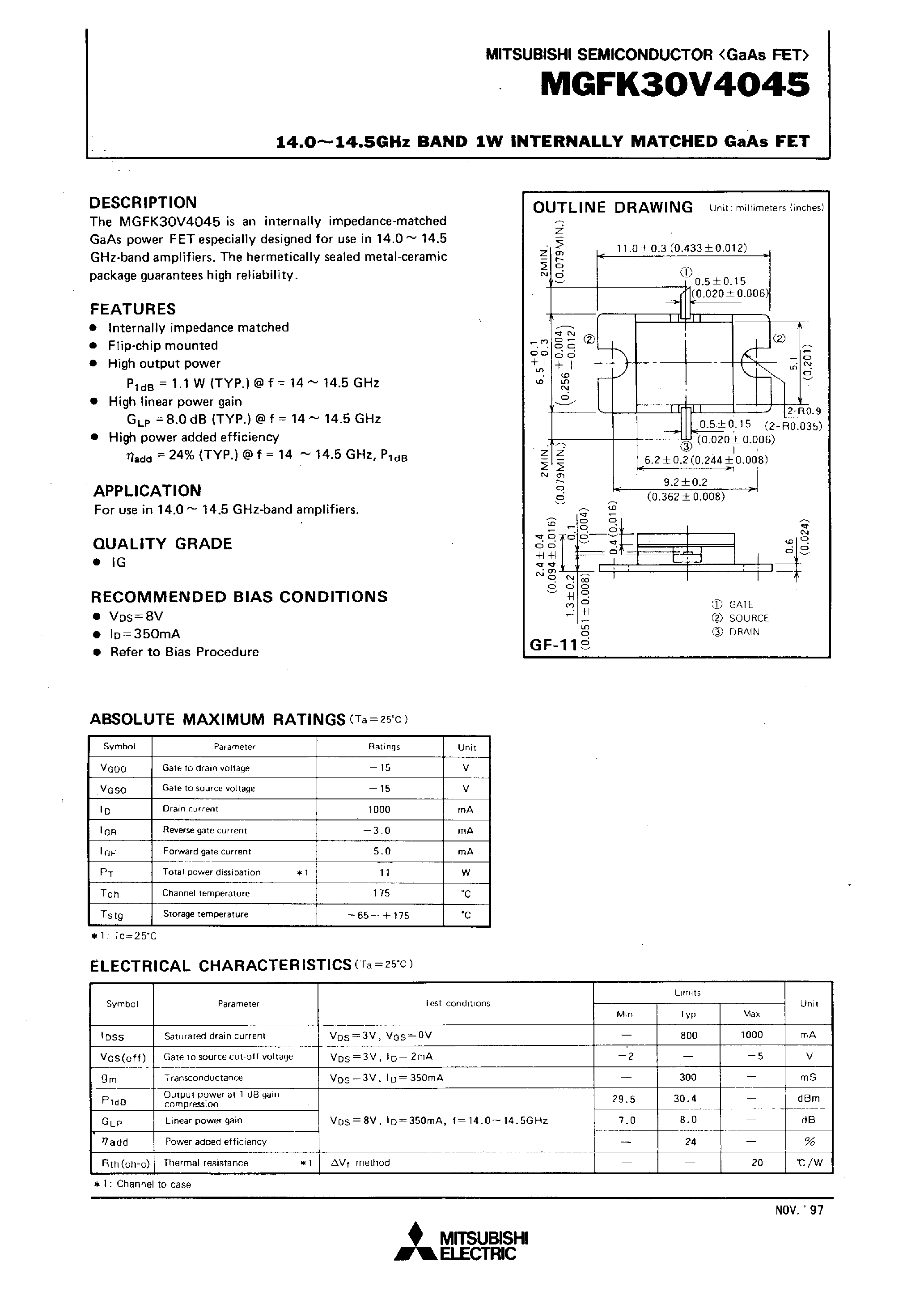 Datasheet MGFK30V4045 - 14.0-14.5GHz BAND 1W INTERNALLY MATCHED GaAs FET page 1
