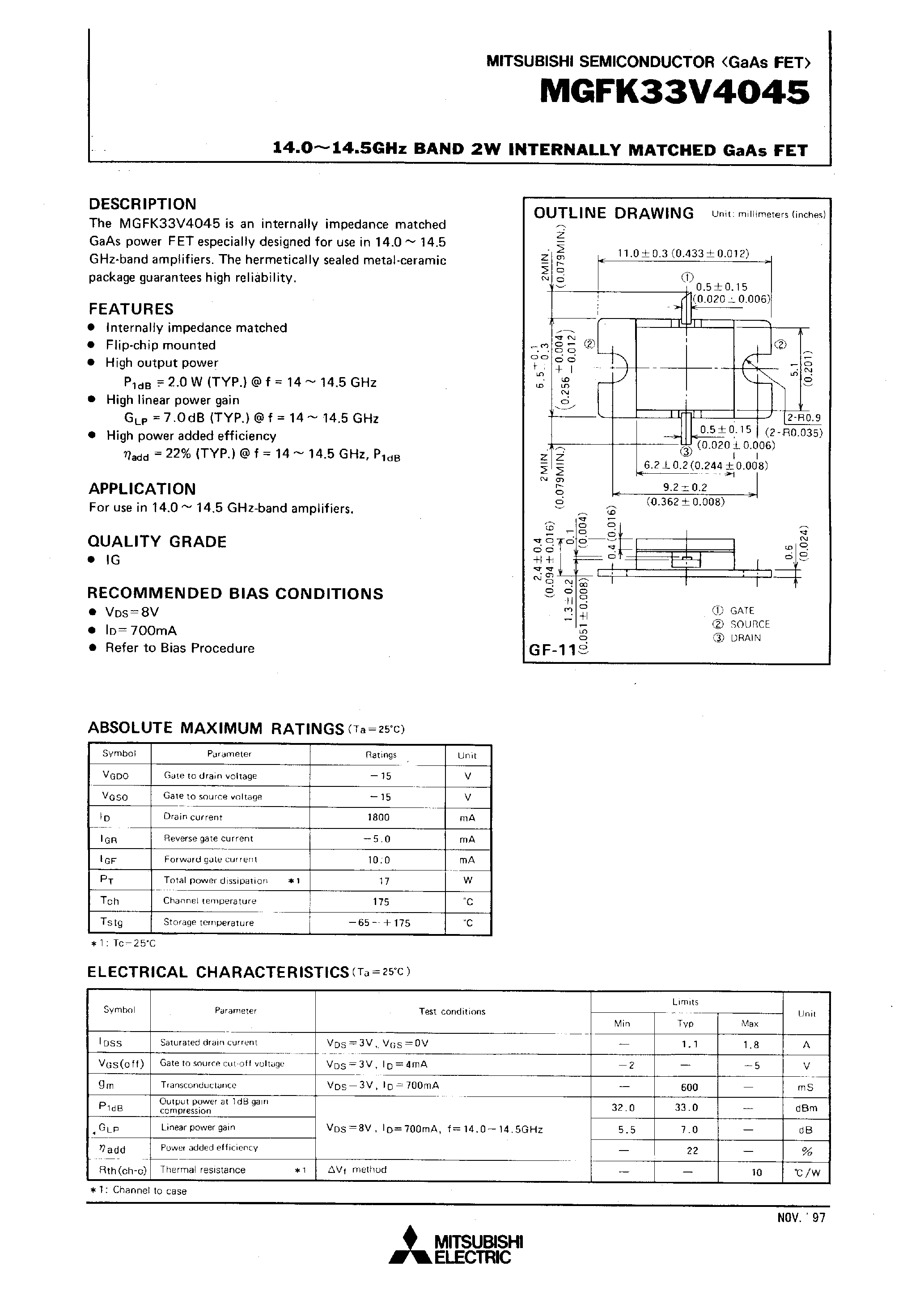 Datasheet MGFK33V4045 - 14.0-14.5GHz BAND 2W INTERNALLY MATCHED GaAs FET page 1