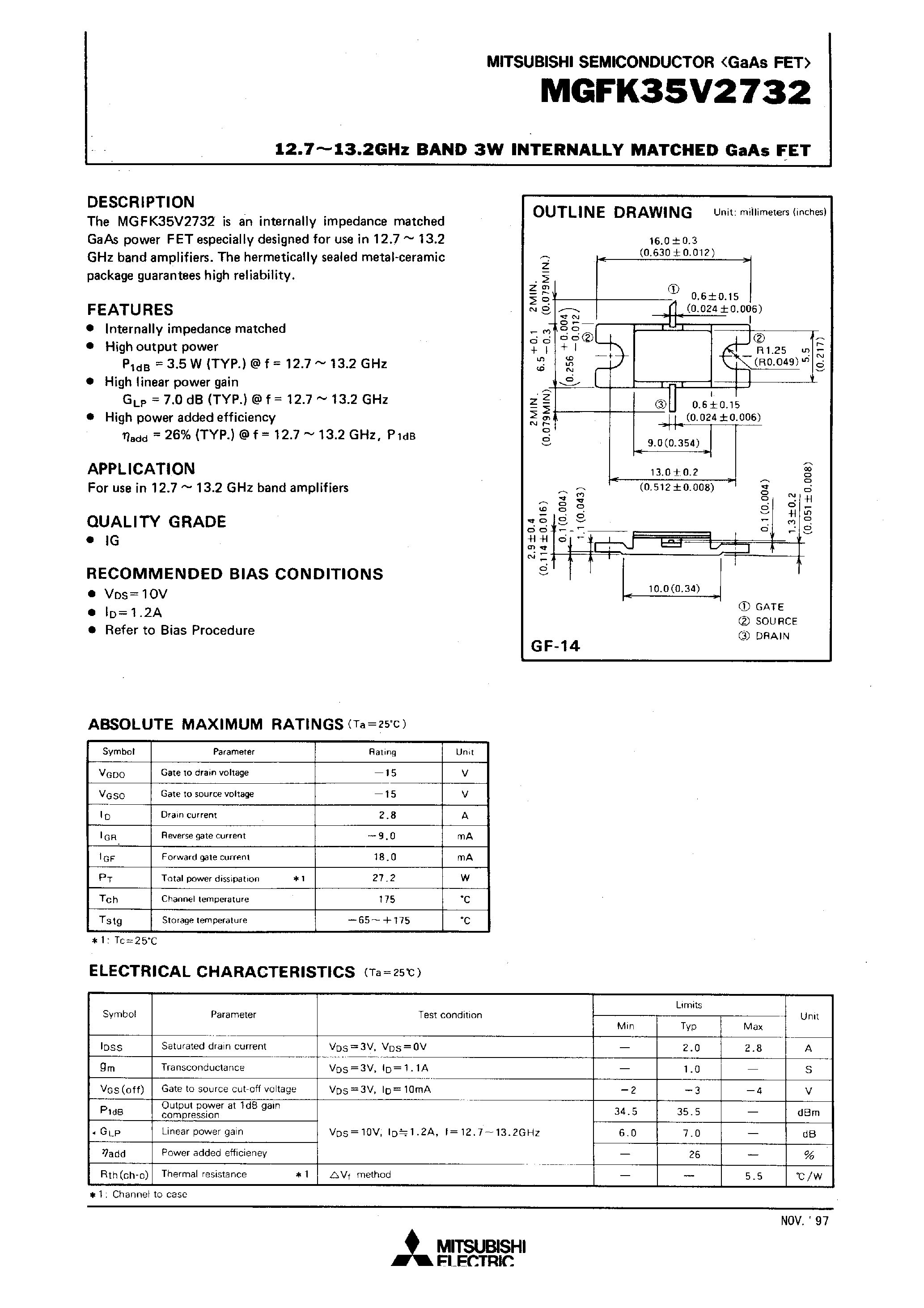 Даташит на микросхему MGFK35V2732 страница 1 Даташит MGFK35V2732 - 12.7-13.2GHz BAND 3W INTERNALLY MATCHED GaAs FET страница 1