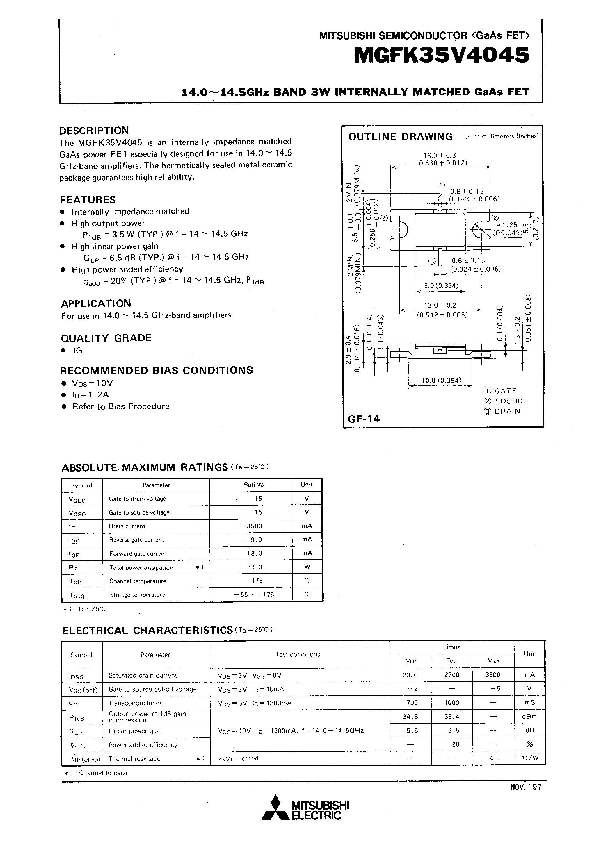 Datasheet MGFK35V4045 - 14.0-14.5GHz BAND 3W INTERNALLY MATCHED GaAs FET page 1