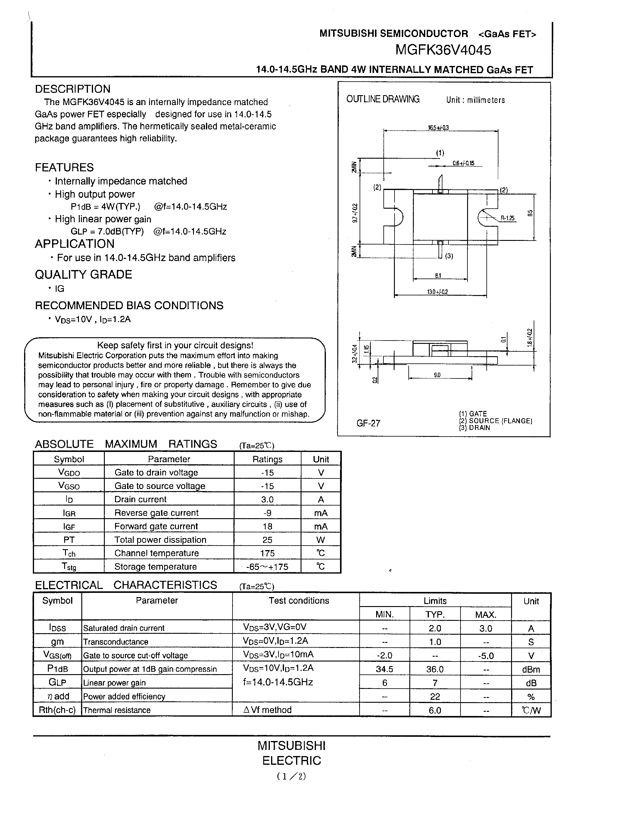 Datasheet MGFK36V4045 - 14.0-14.5GHz BAND 4W INTERNALLY MATCHED GaAs FET page 1